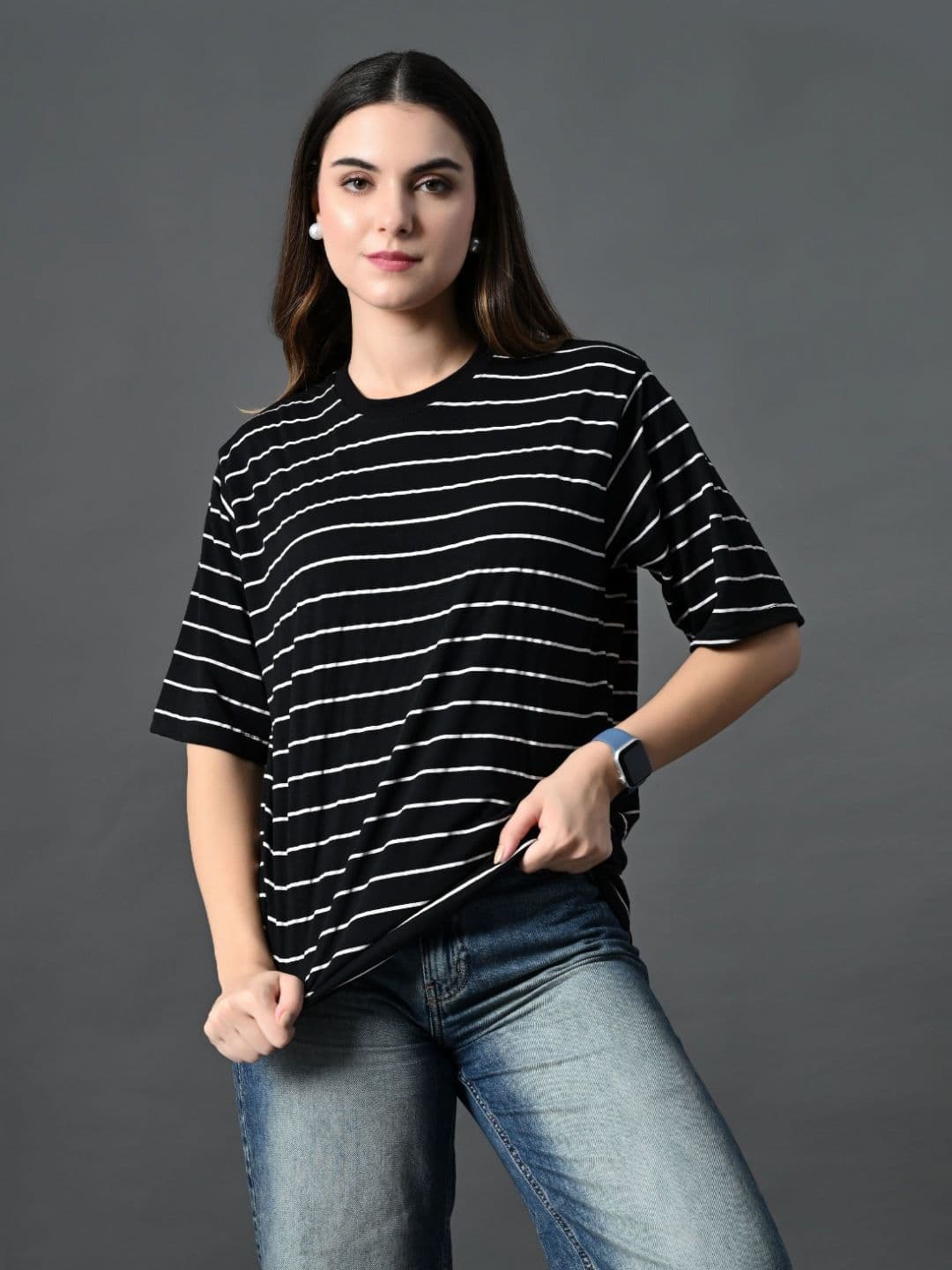 CORSICA Women Bio Finish Striped Round Neck Cotton Relaxed Fit T-shirt - view 1