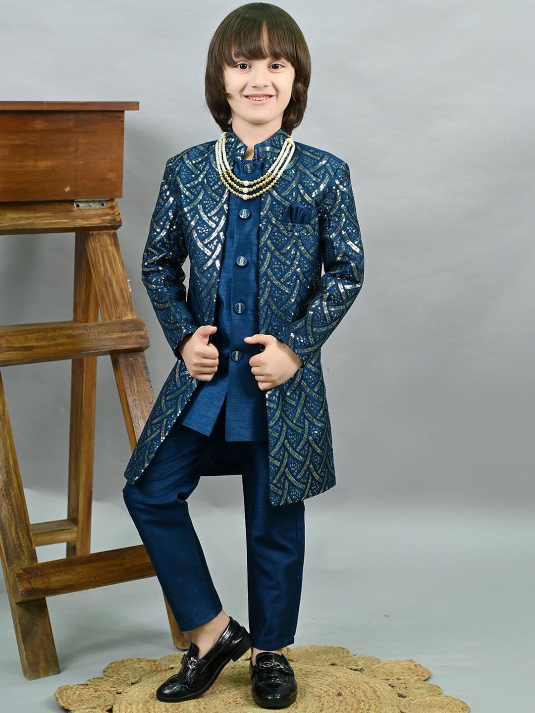 ahhaaaa Boys Sequin Embroidered Sherwani Set - view 1