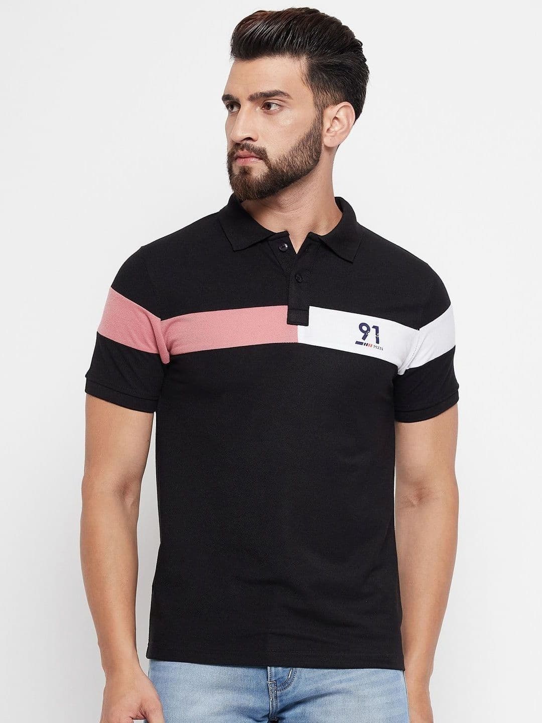 MXN Men Colourblocked Polo Collar Cotton T-shirt - view 1