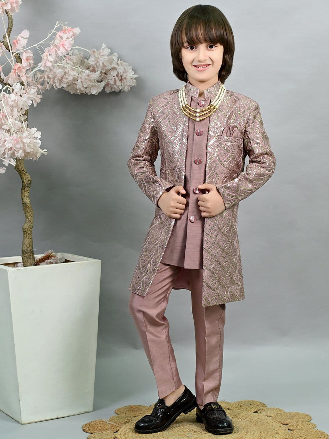 ahhaaaa Boys Sequin Embroidered Mandarin Collar Sherwani Set - view 1