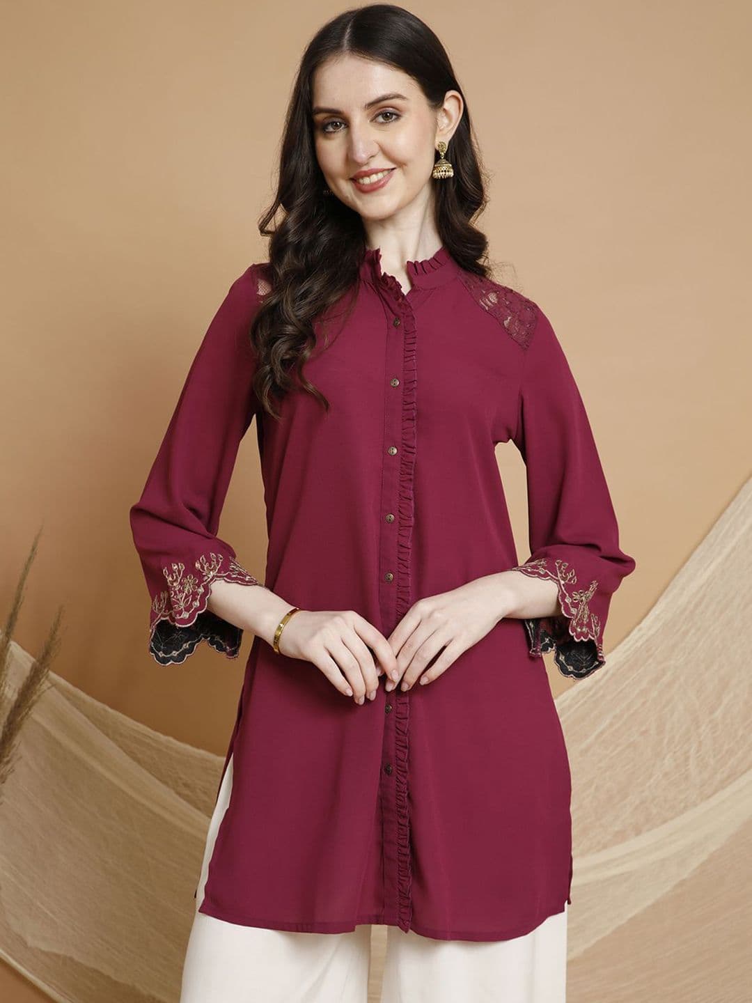 Nayam By Lakshita Frills Details Mandarin Collar Neck Tunic - view 1
