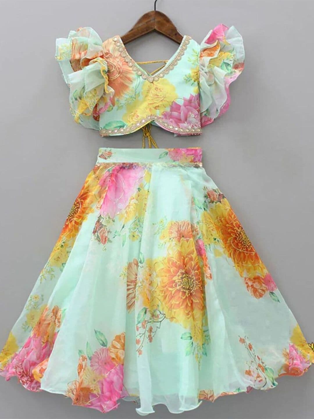 JOVK DESIGN Girls Printed Mirror Work Ready to Wear Lehenga & Blouse - view 1