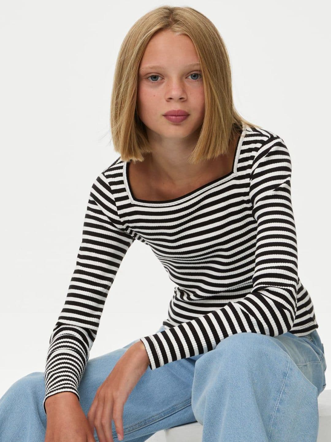 Marks & Spencer Cotton Rich Striped Ribbed Top - view 1