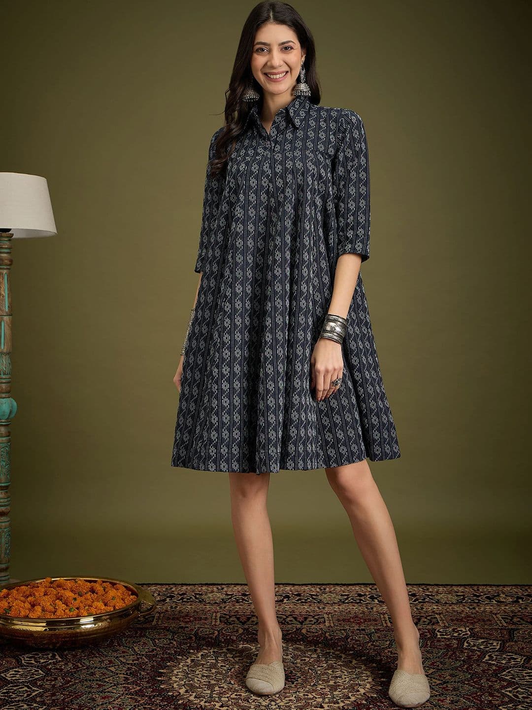 InWeave Women Printed Shirt Collar Cotton Fit & Flare Dress - view 1