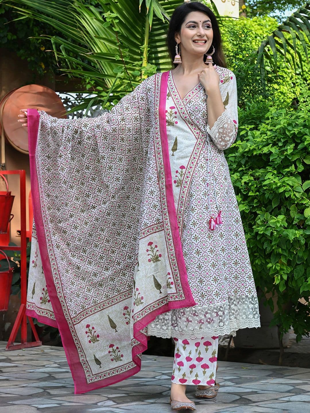 DSS FASHION Women Floral Printed Anarkali Angrakha Knee Length Pure Cotton Kurta Set - view 1