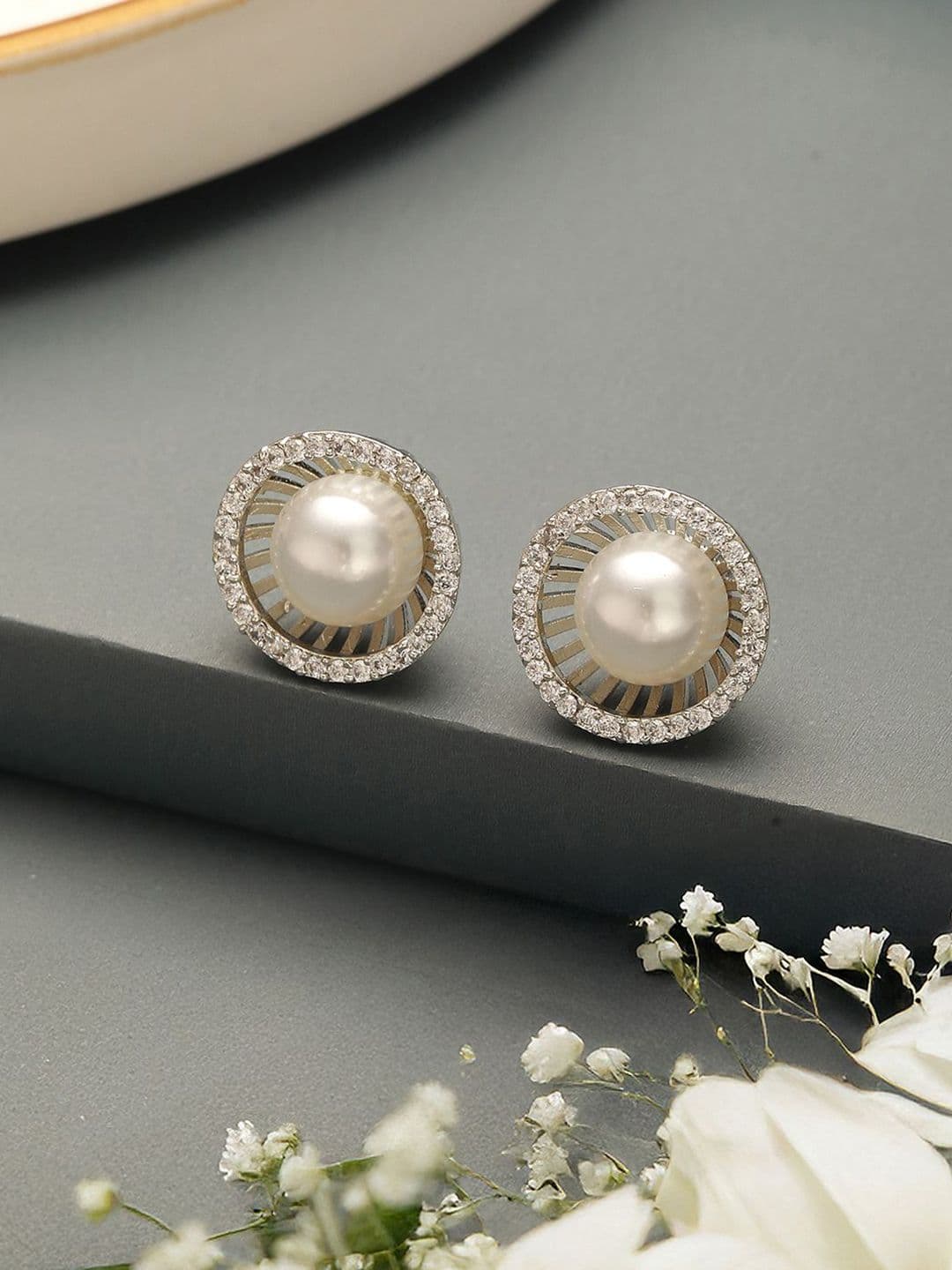 Saraf RS Jewellery Silver Plated American Diamond Studded Circular Shaped Studs - view 1