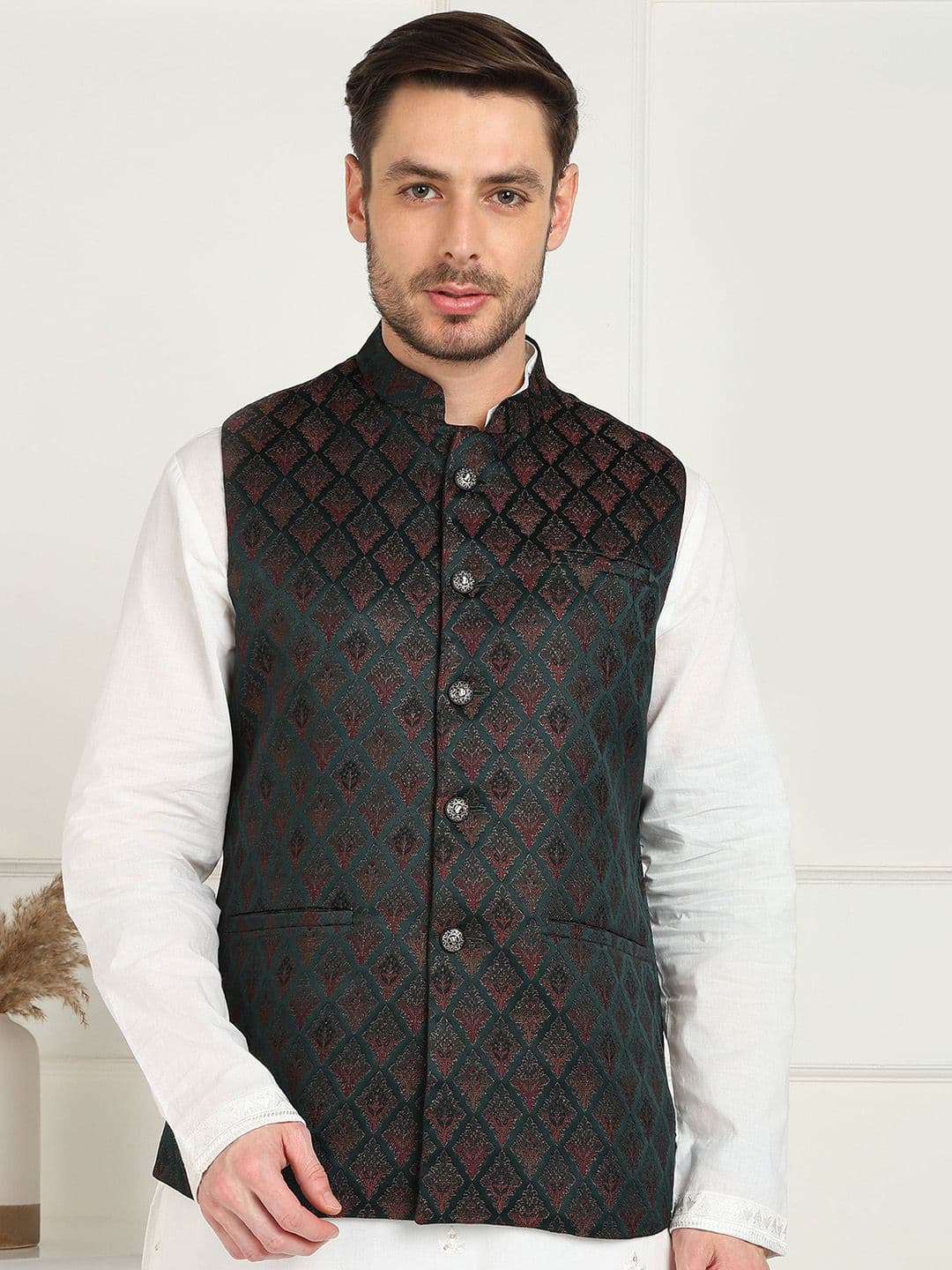 House of Pataudi Woven Design Mandarin Collar Nehru Jacket - view 1