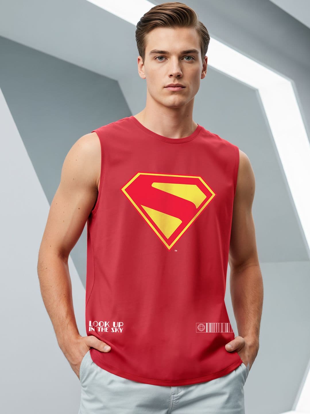 Bewakoof Official DC Merchandise Superman Logo Graphic Printed Boxy Fit Gym Vest - view 1