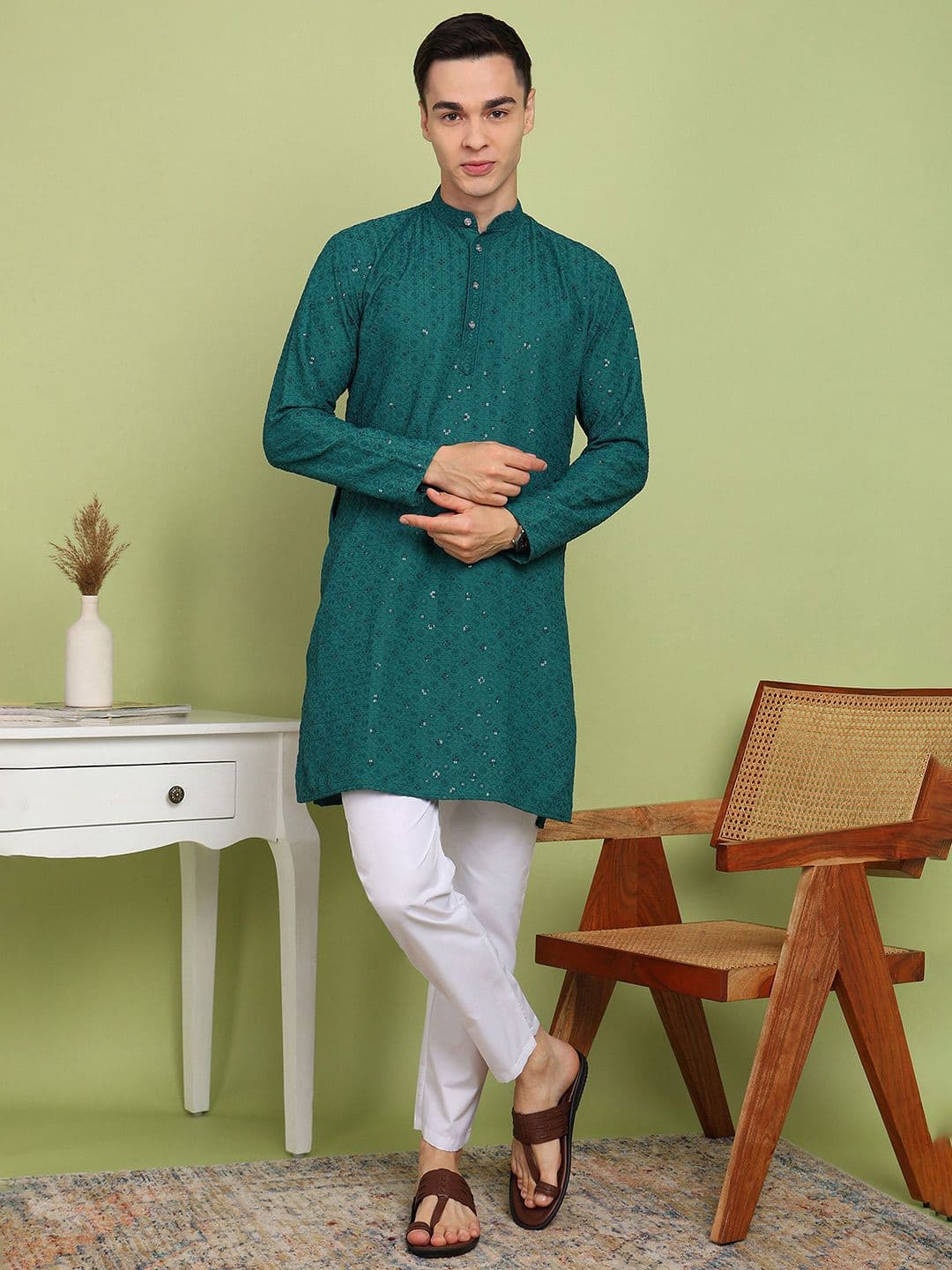 FUBAR Floral Embroidered Sequinned Band Collar Straight Kurta - view 1