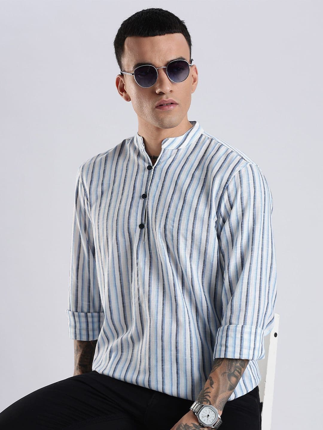 HERE&NOW Men Striped Festive Cotton Straight Kurta - view 1
