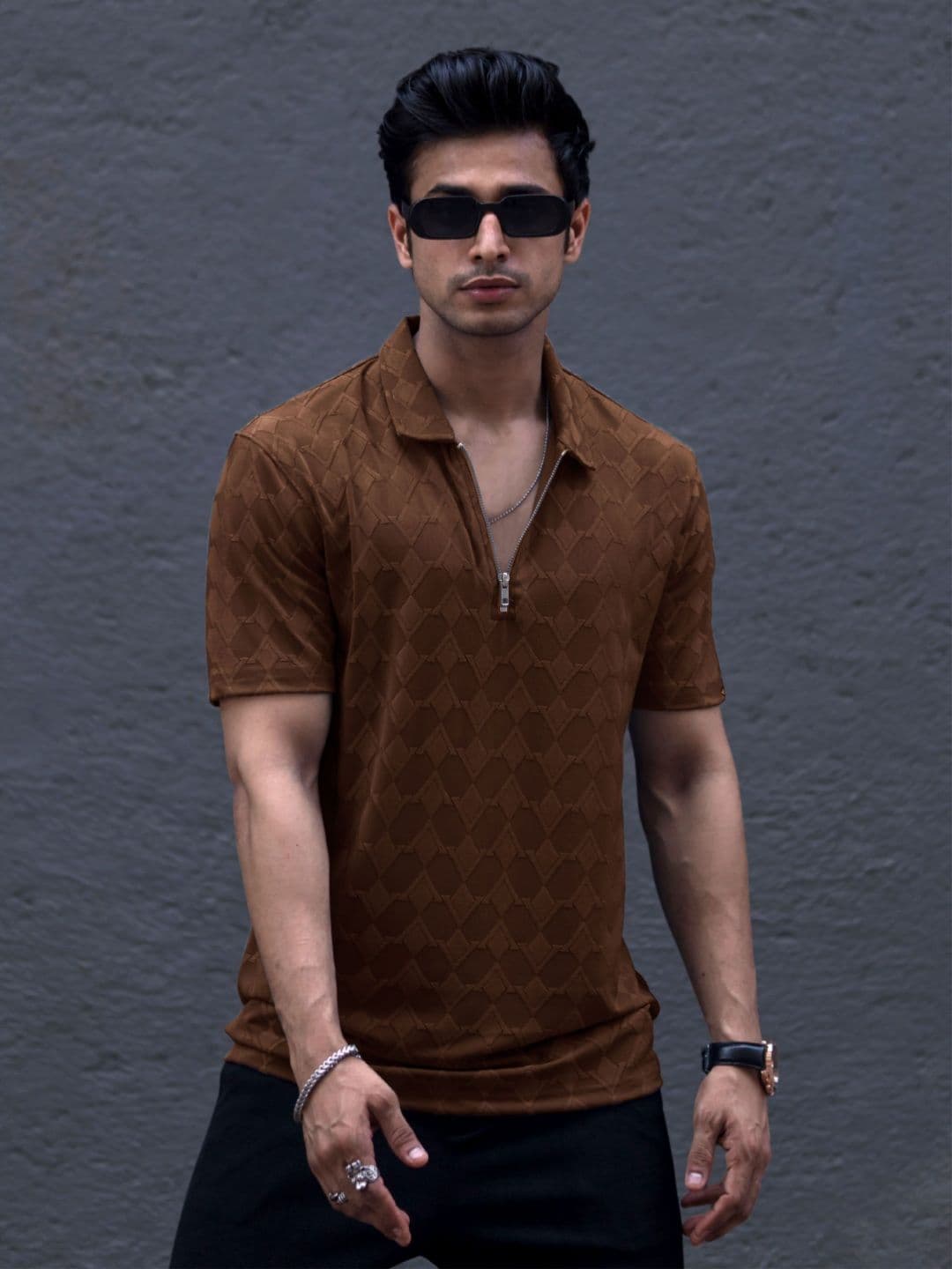 Maniac Geometric Printed Polo Collar Short Sleeves Cotton T-shirt - view 1