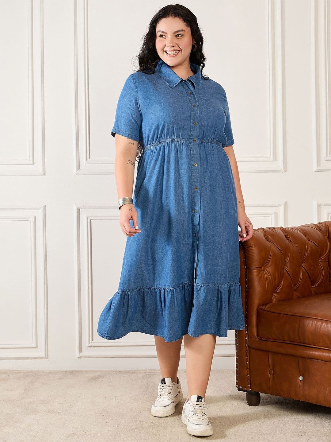 Orchid Blues Women Shirt Collar Cotton Shirt Midi Dress - view 1