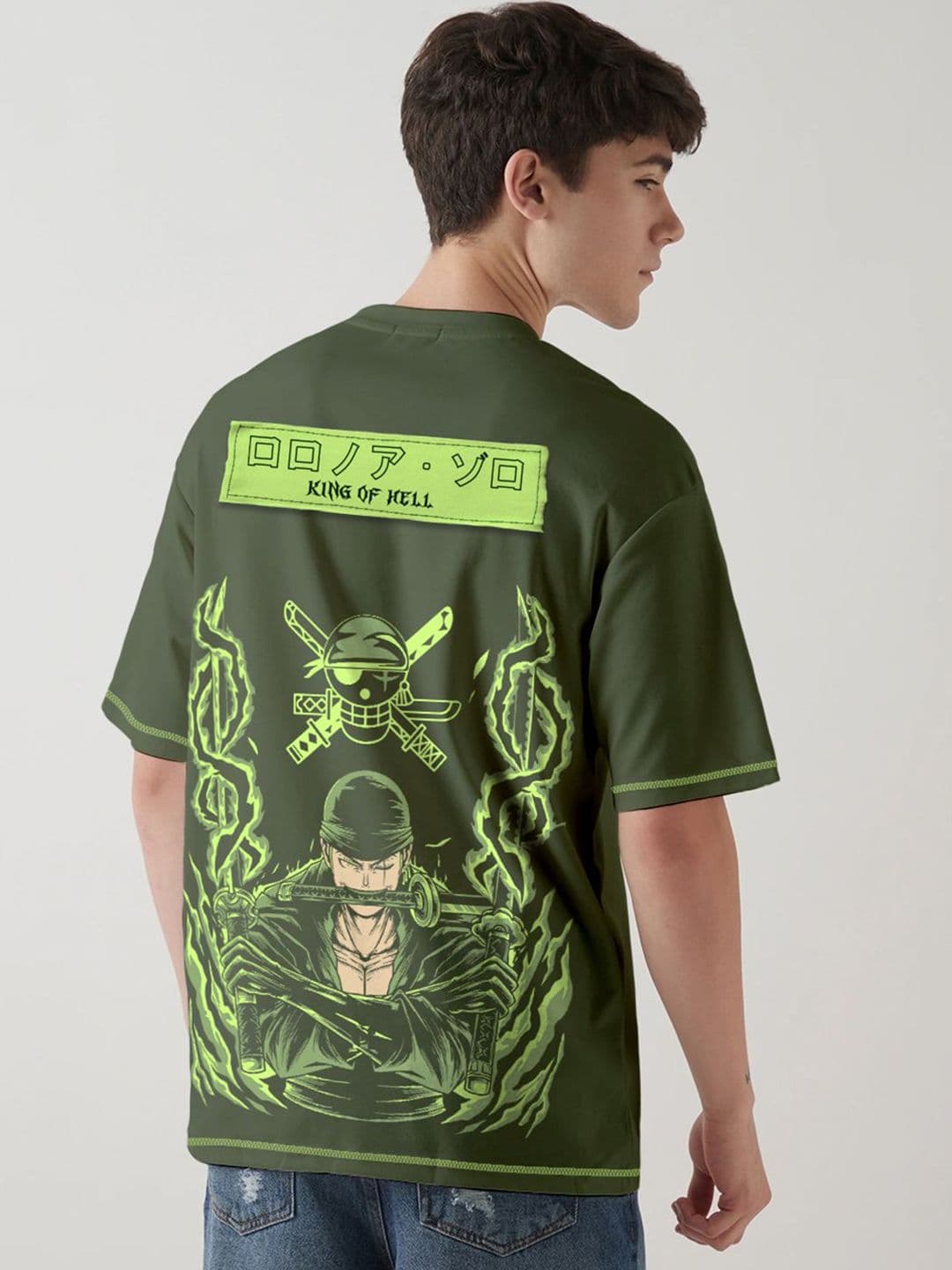 Crazymonk Zoro X King Of Hell Printed Drop-Shoulder Sleeves Oversized Cotton T-shirt - view 1