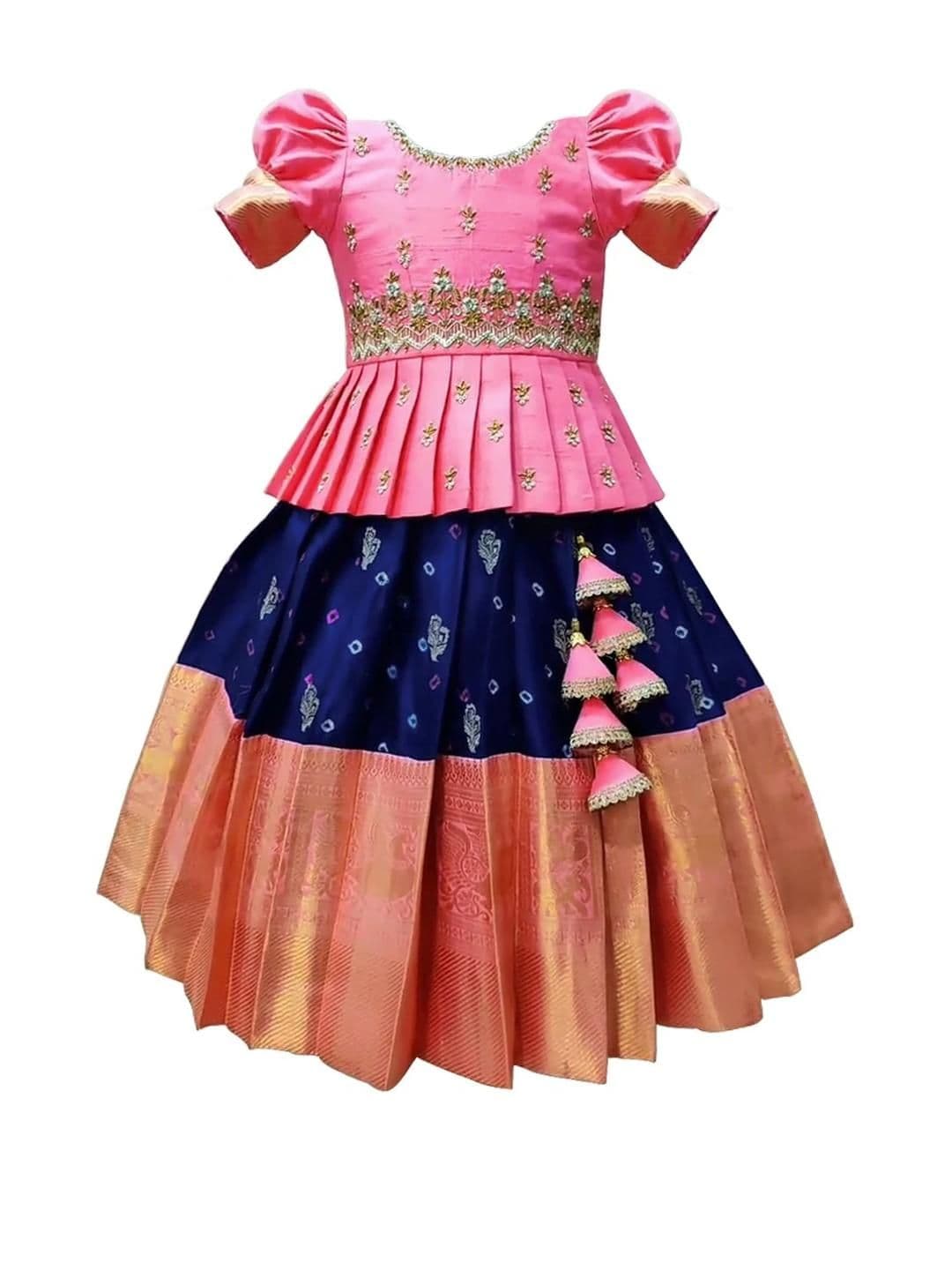 White Button Girls Embroidered Thread Work Ready to Wear Lehenga & Blouse Woven Design - view 1