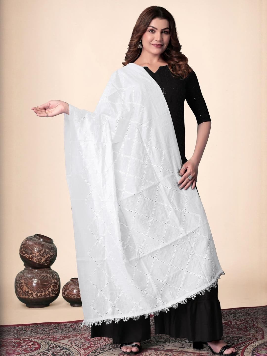EBADAT Embroidered White Cotton Dupatta - view 1