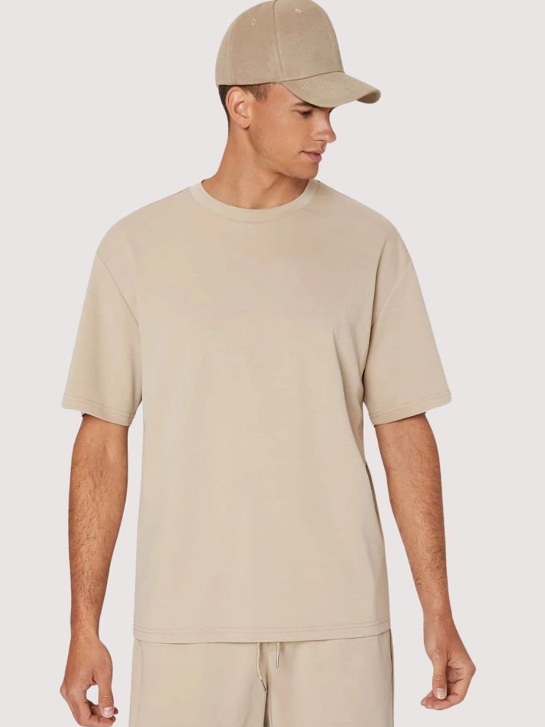 SMAN Beige Oversized Crew Neck Cotton T-shirt - view 1