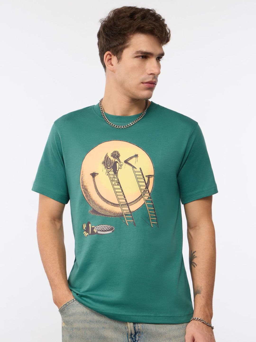 The Souled Store Men Relaxed Fit S.W.SMILEY Printed Green T-Shirts - view 1