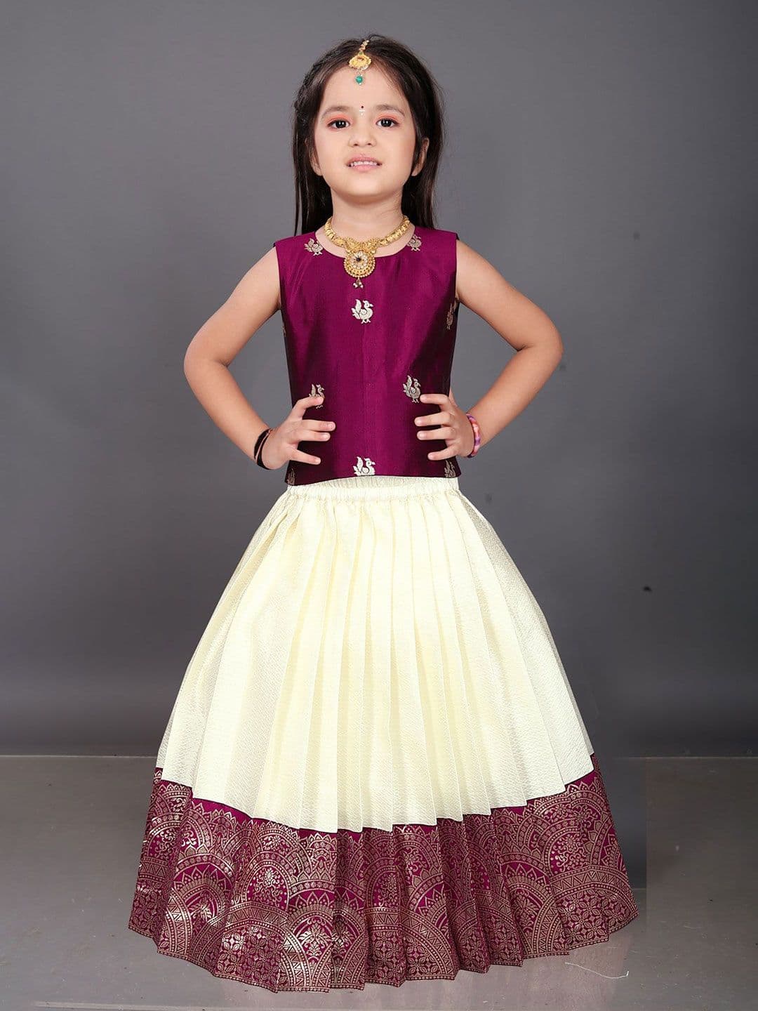 FELIZ THE DESIGNER STUDIO Girls Woven Design Zari Ready To Wear Cotton Lehenga & Blouse - view 1