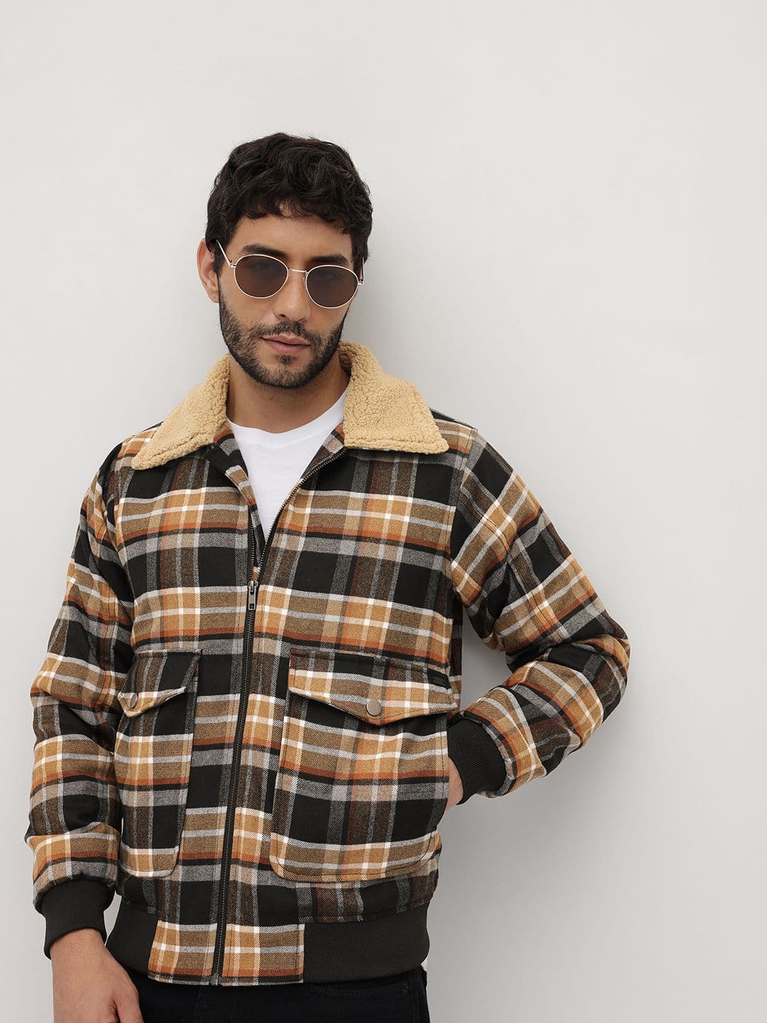 The Roadster Life Co. Tartan Checked Fleece Spread Collar Bomber Jacket - view 1