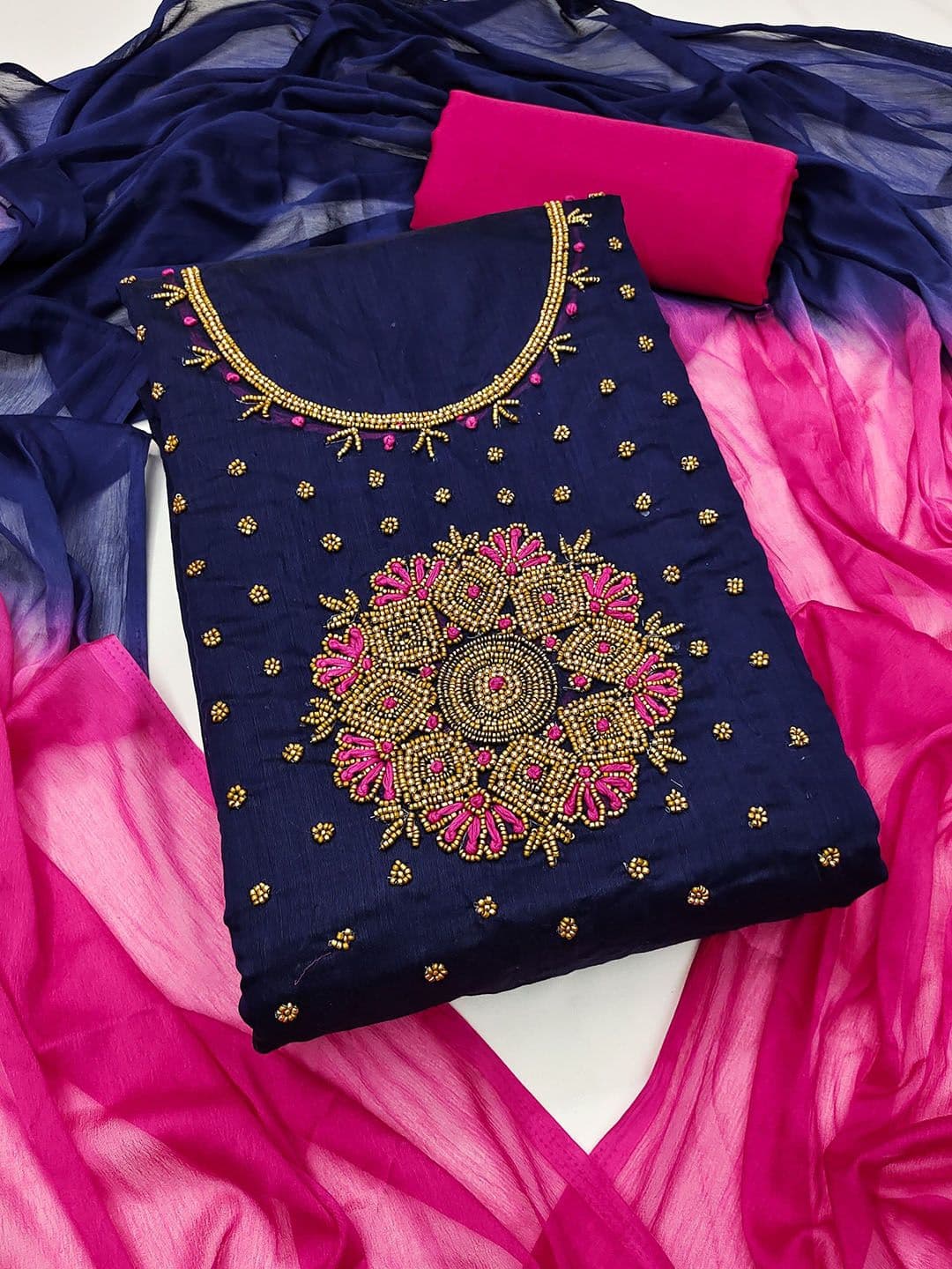 Rangtulika Ethnics Embroidered Beads and Stones Chanderi Silk Semi-Stitched Dress Material - view 1