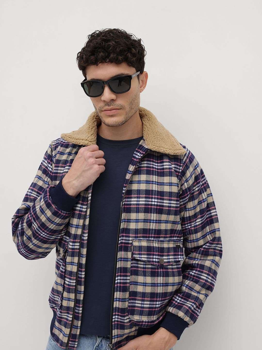 The Roadster Life Co. Tartan Checked Fleece Spread Collar Bomber Jacket - view 1