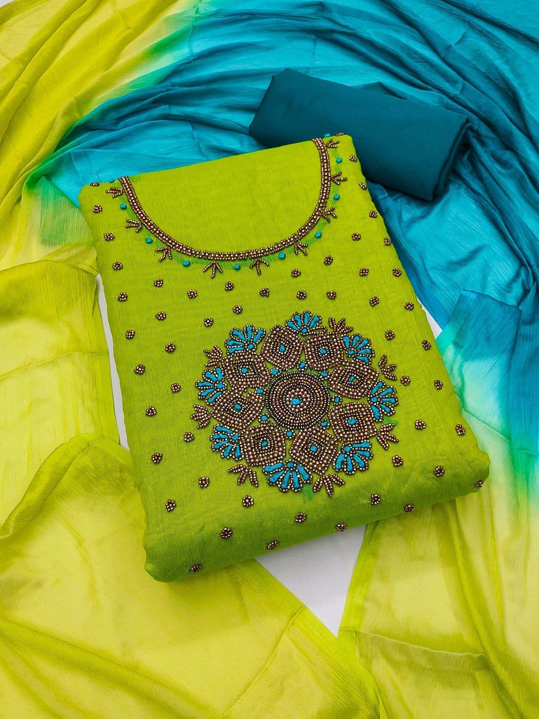 Rangtulika Ethnics Embroidered Bead & Stone Chanderi Silk Semi-Stitched Dress Material - view 1