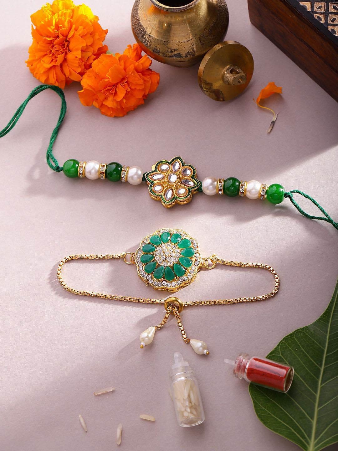 Sangria Stone Studded & Beaded Bhai Bhabhi Thread Rakhis With Roli Chawal & Greetings Card - view 1