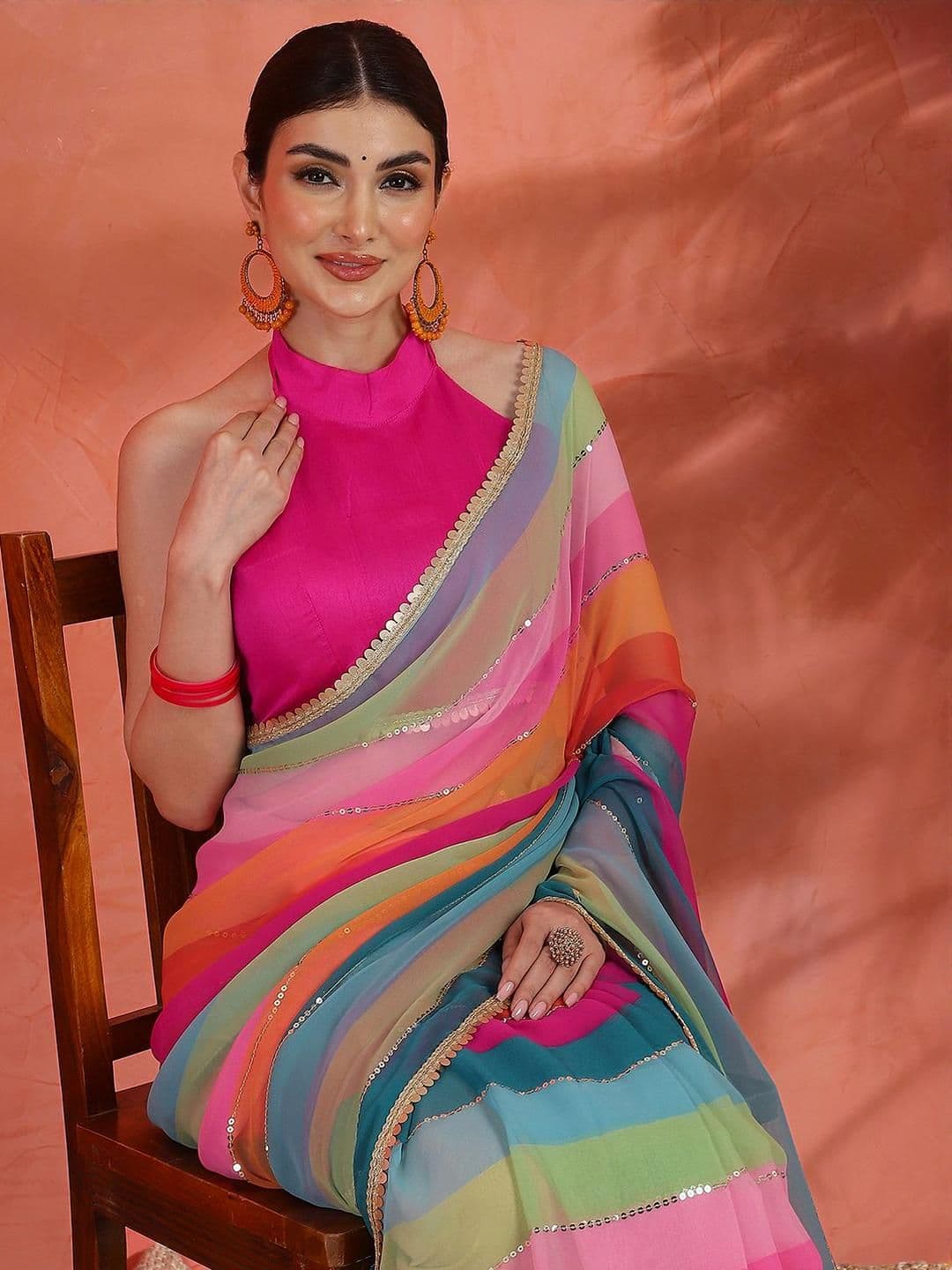 Sangria Striped With Embellished Saree With Unstitched Blouse - view 1