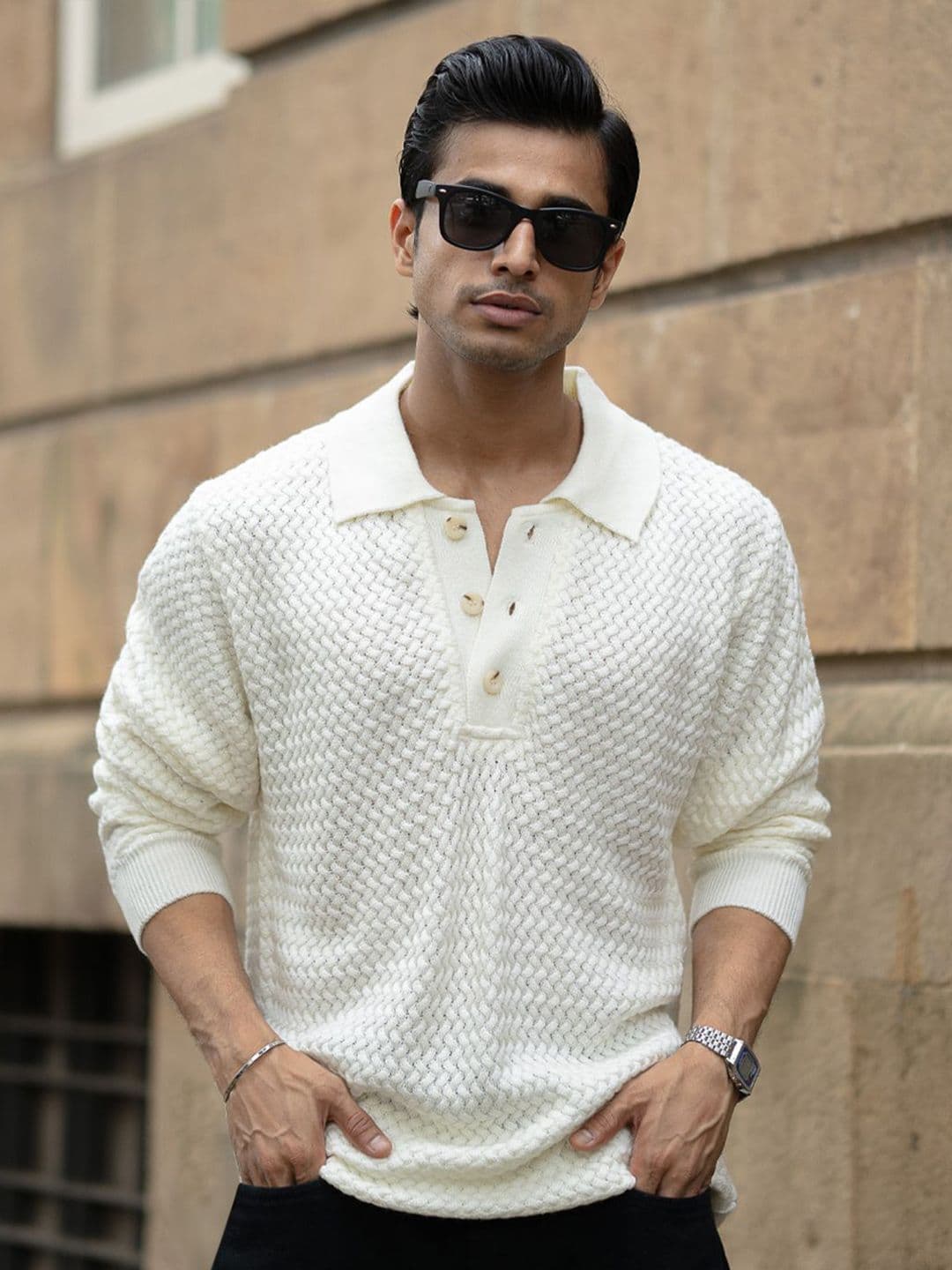 Powerlook Off White Knit Polo Sweater - view 1