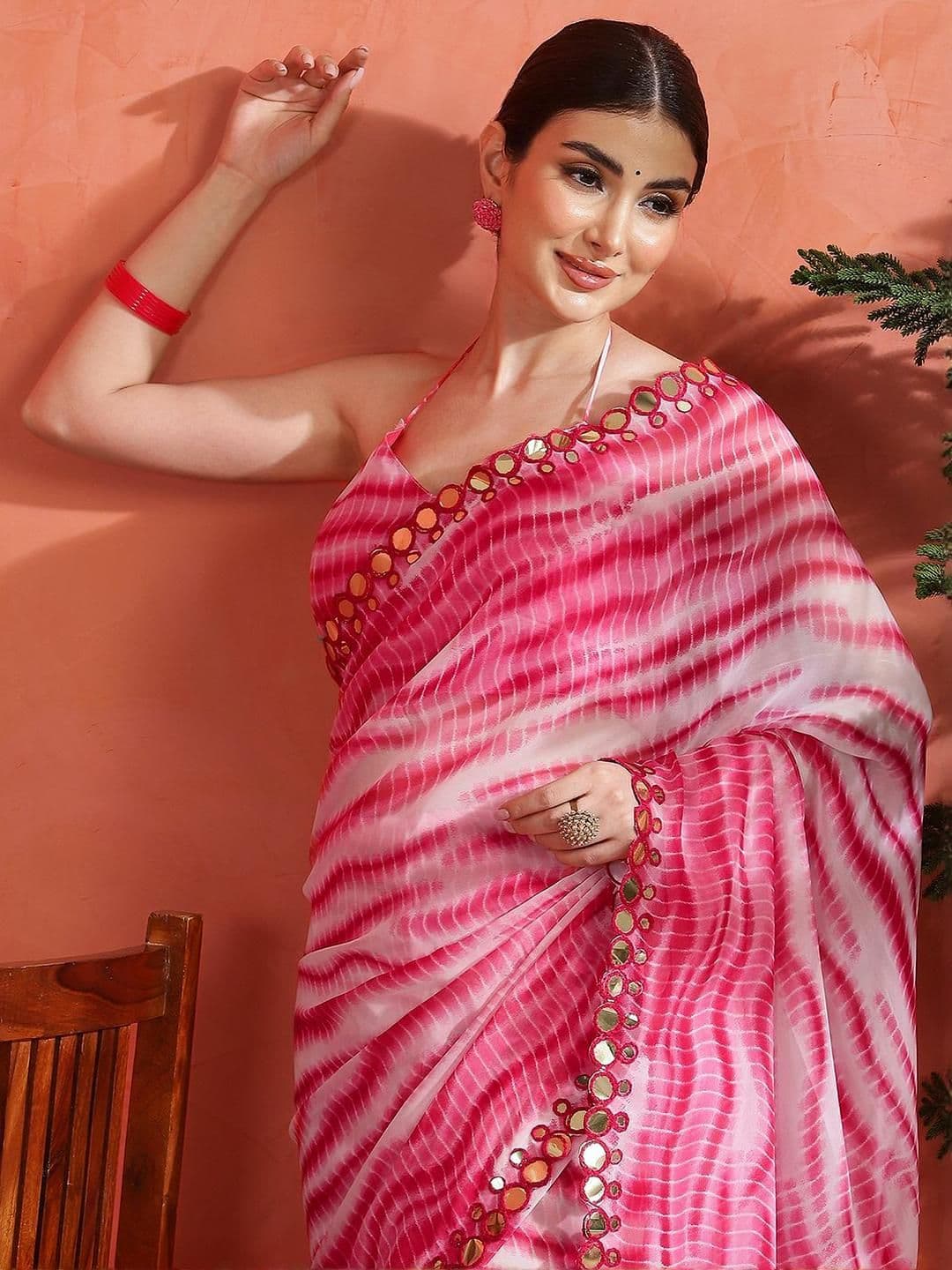 Sangria Printed With Mirror Work Embellished Saree With Unstitched Blouse - view 1