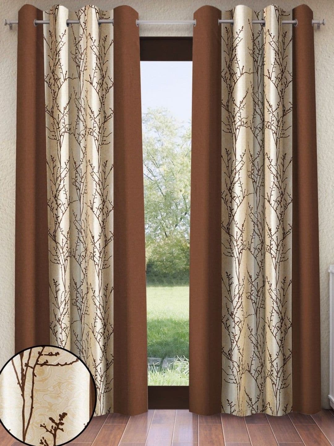 Home Sizzler Brown & Cream 2 Pieces Floral Long Door Curtains - view 1
