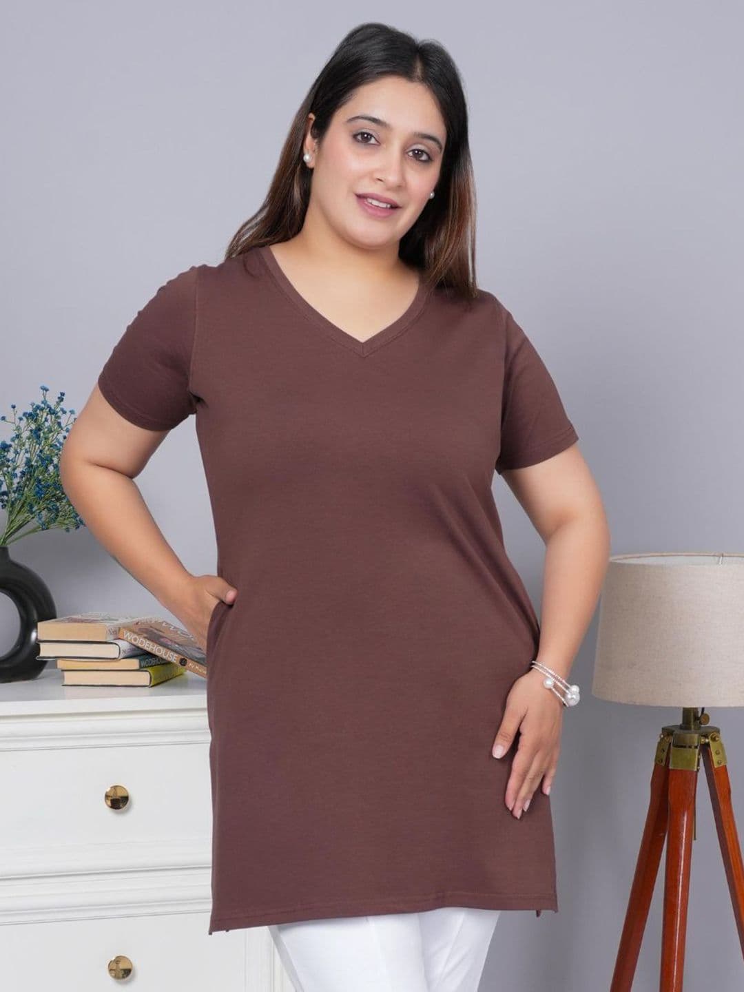 Mlada Women Regular Fit V-Neck Long Cotton Tshirt with 2 Side Pockets - view 1