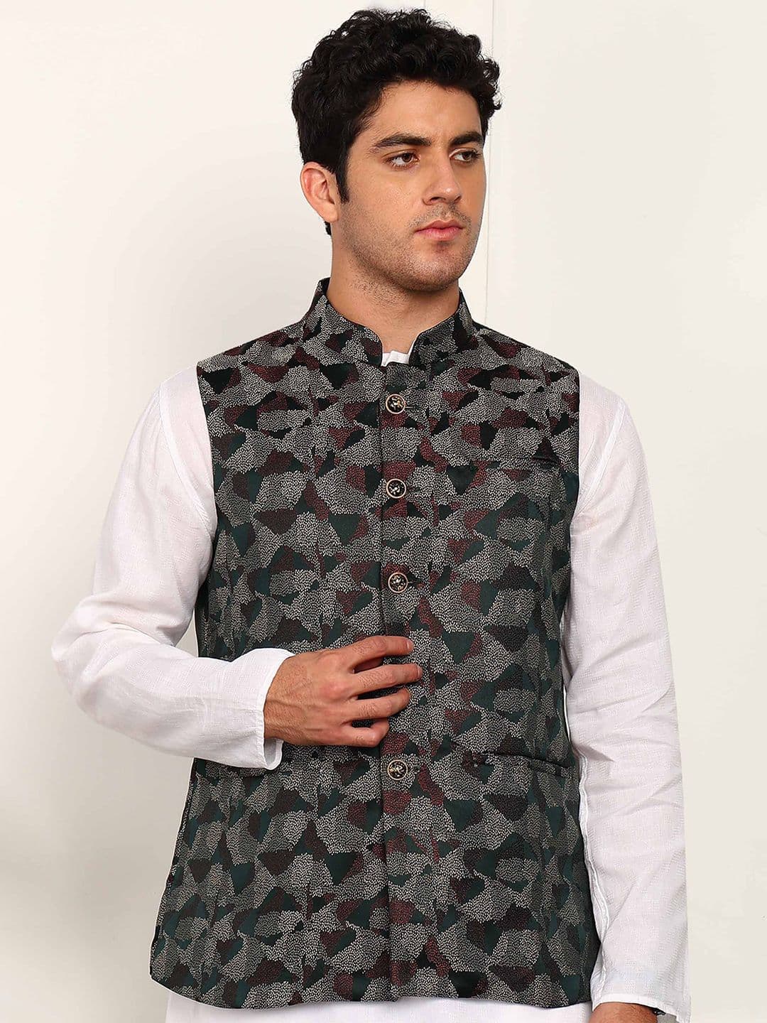 House of Pataudi Woven Design Mandarin Collar Nehru Jacket - view 1