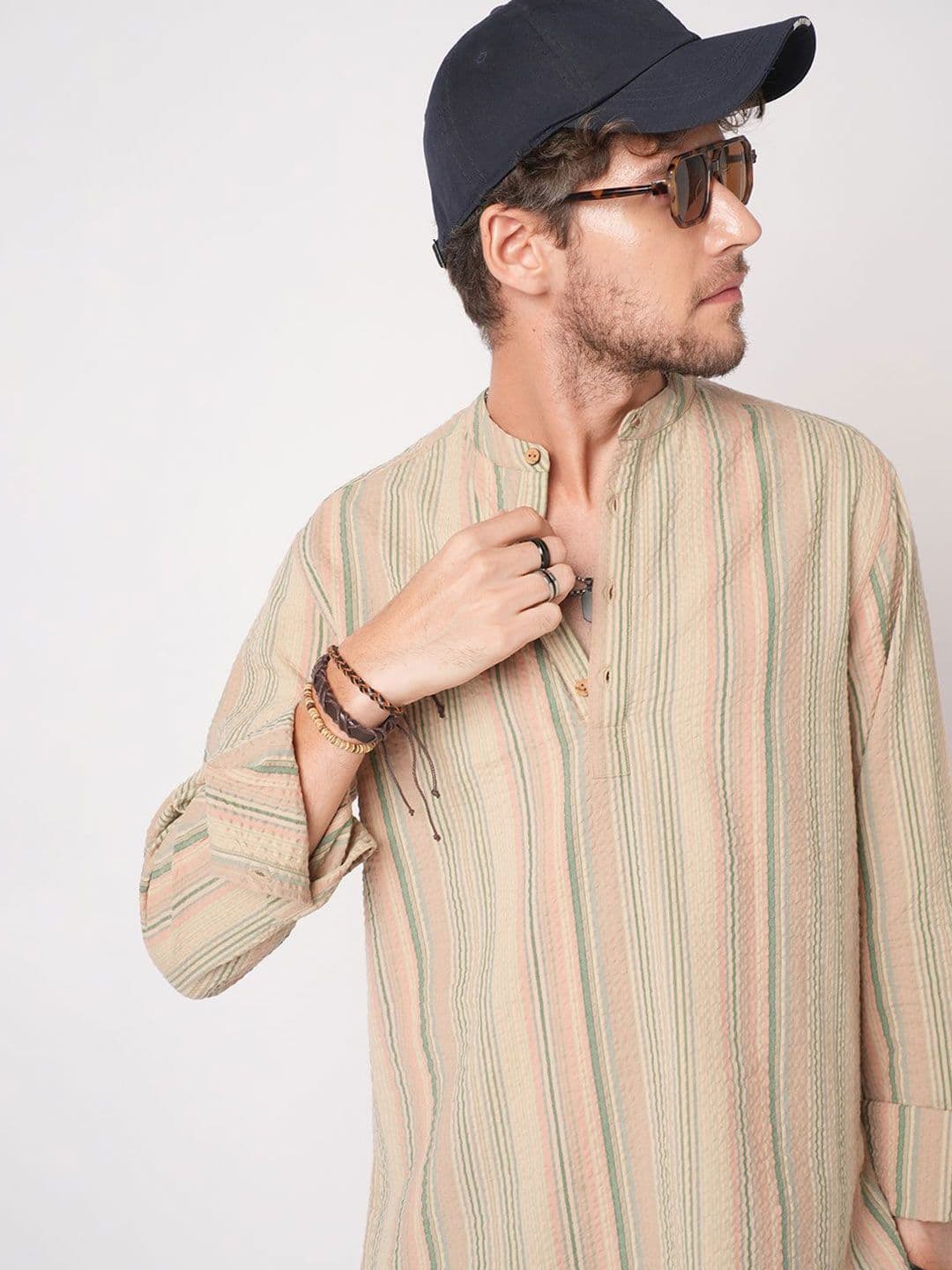 VASTRADO Men Striped Band Collar Straight Cotton Republic Day Kurta - view 1