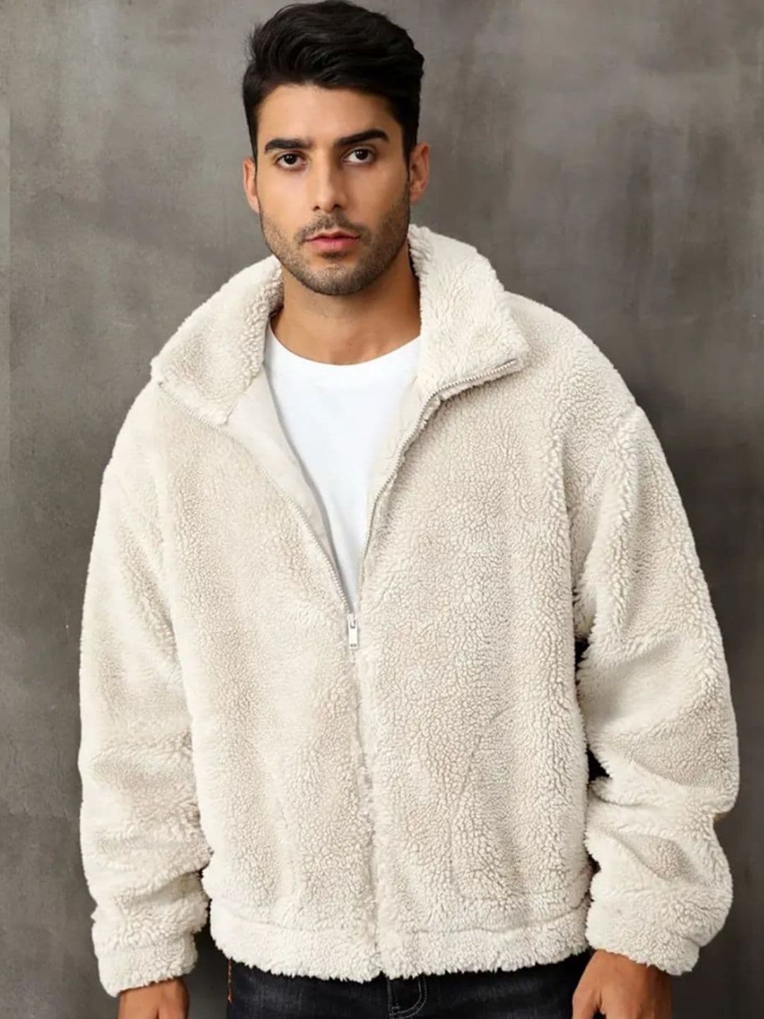 Be Savage Men Stand Collar Solid Lightweight Sherpa Jacket - view 1