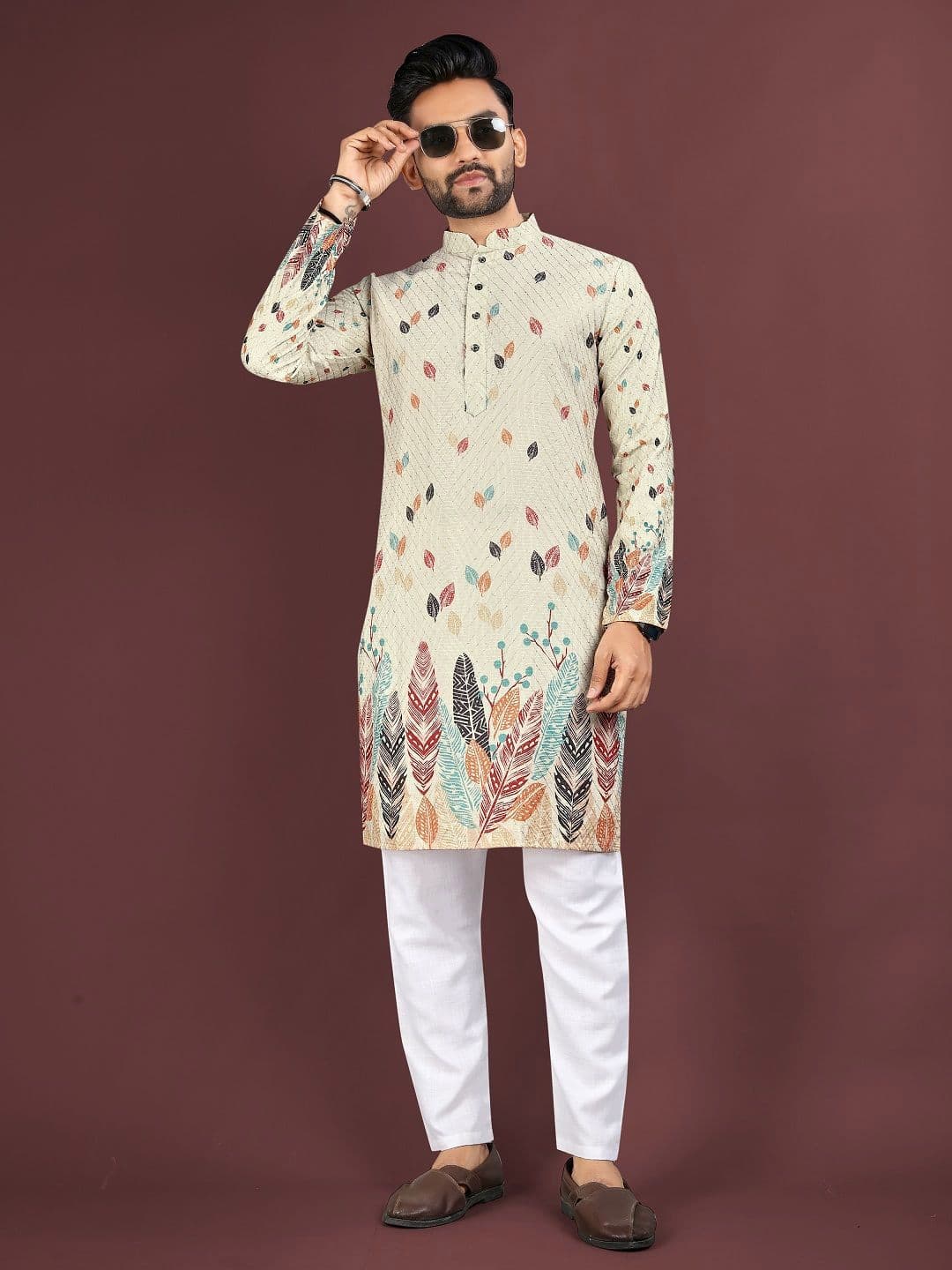 WELL TEX Men Floral Printed Mandarin Collar Kurta - view 1