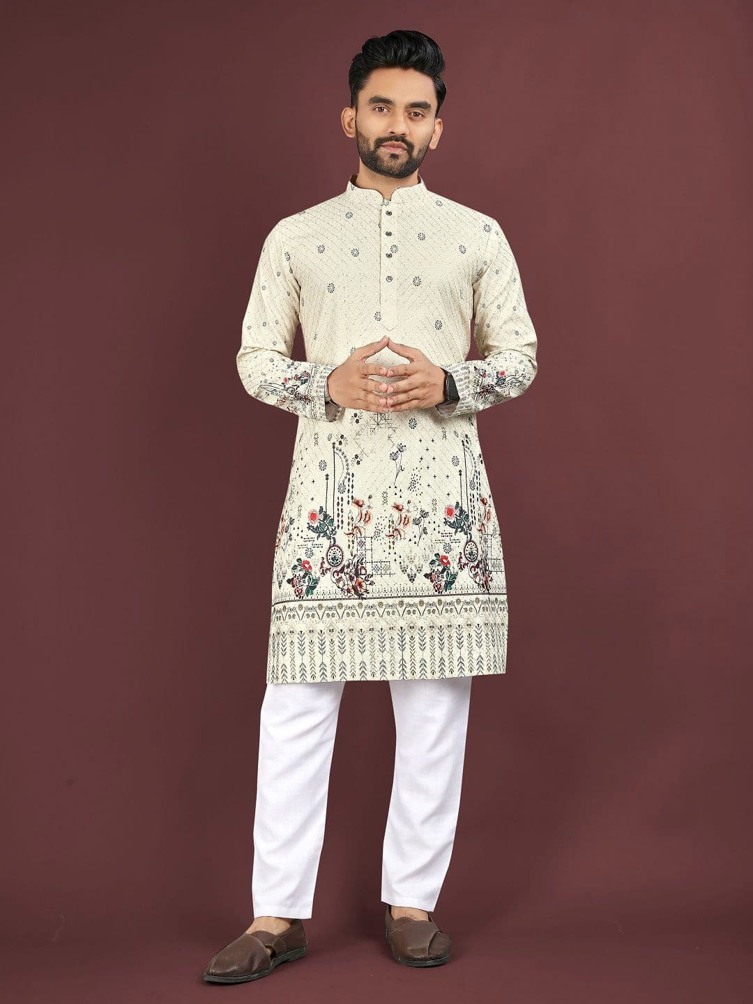 WELL TEX Men Floral Printed Mandarin Collar Casual Kurta - view 1
