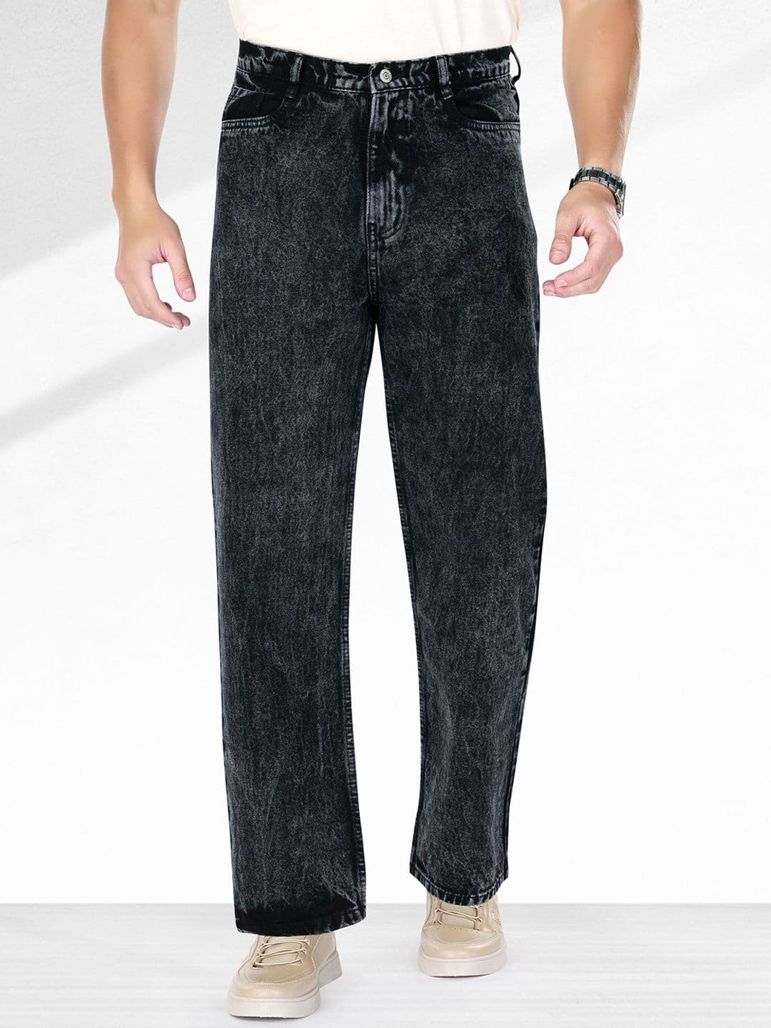 me Queen Men Straight Fit Clean Look Heavy Fade Cotton Jeans - view 1