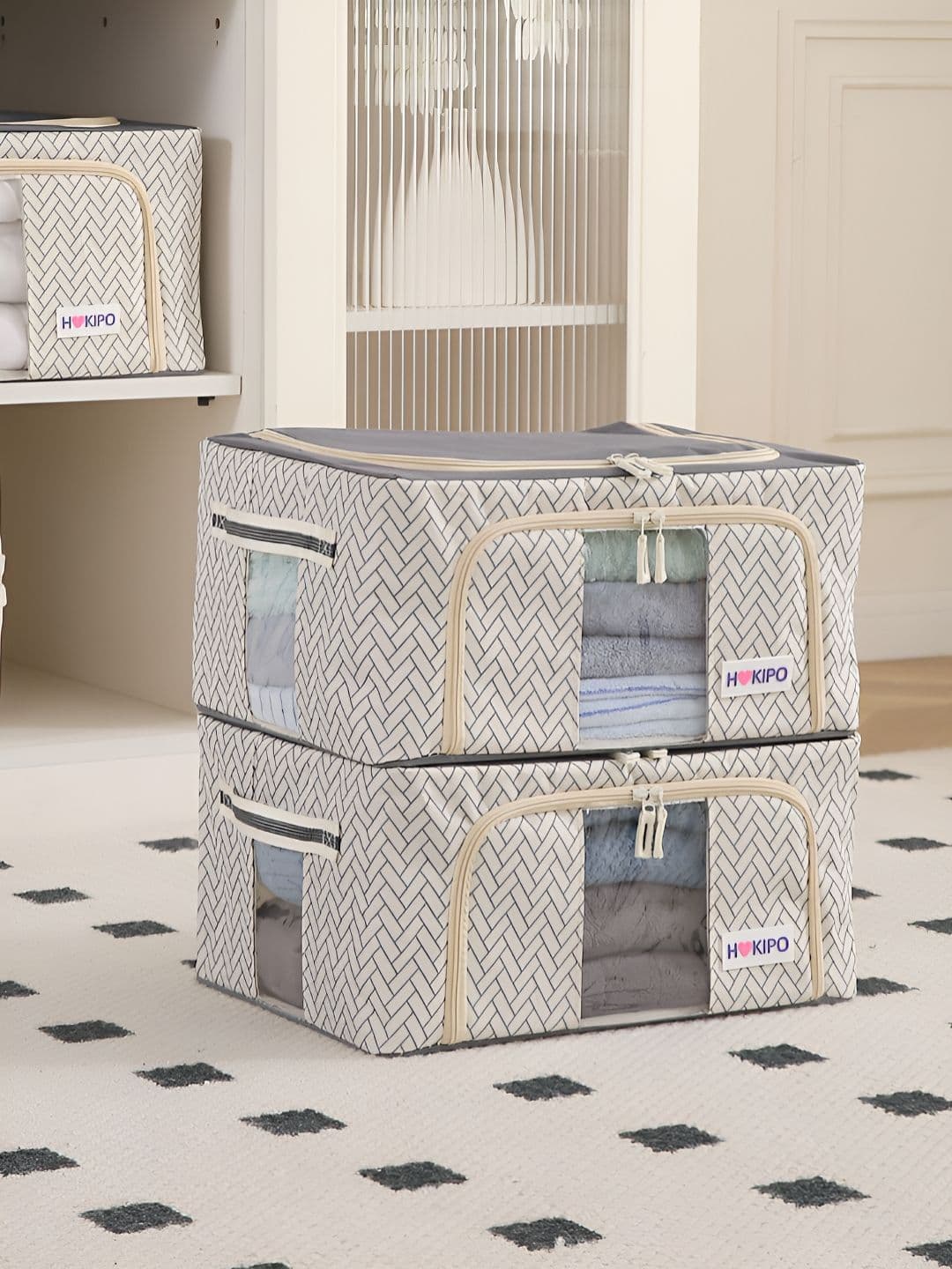 HOKIPO Cream-Coloured Set of 2 Cloth Storage Box Organisers for Wardrobe - 24L - view 1
