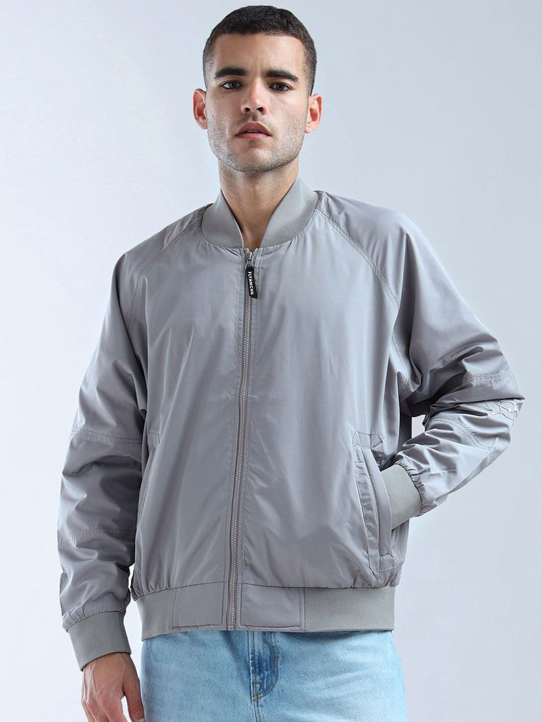 Flying Machine Men Stand Collar Solid Casual Bomber Jacket - view 1