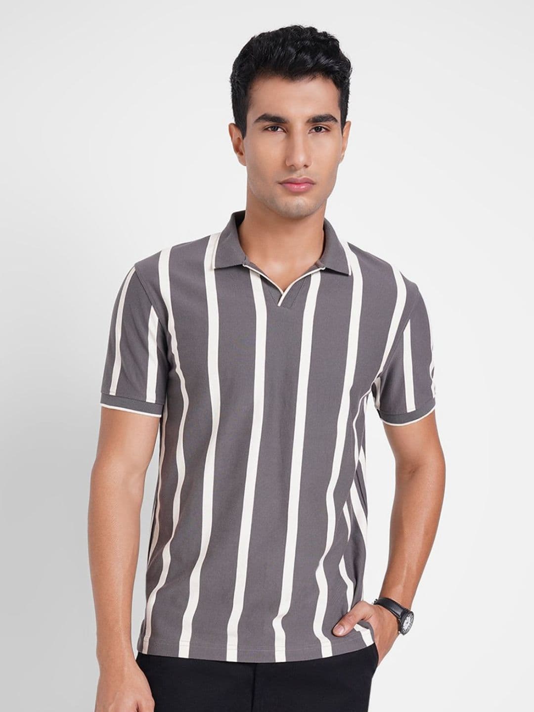 Peregrine by Pantaloons Striped Printed Polo Collar Regular Sleeves Regular Fit T-shirt - view 1