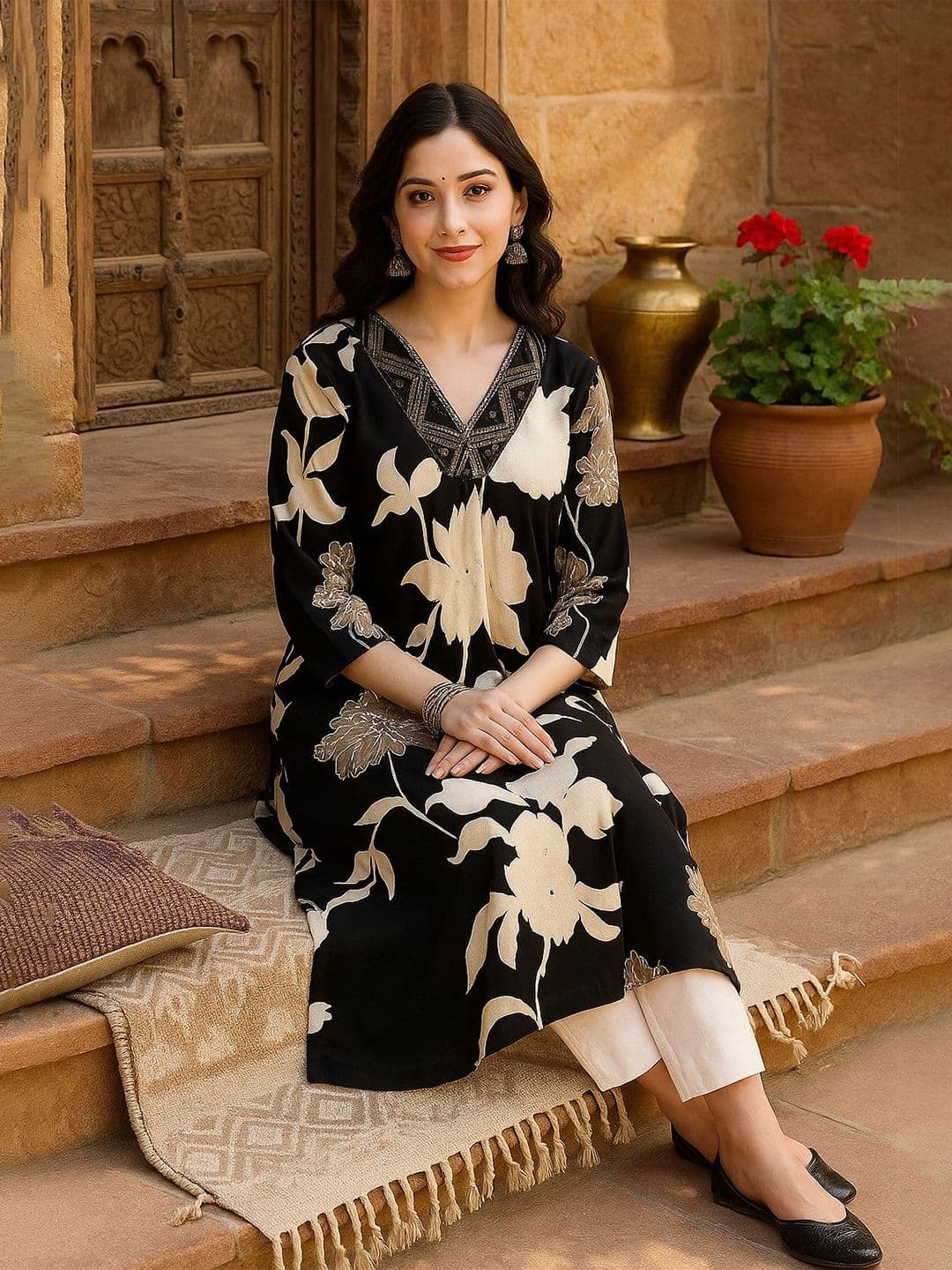 Maaesa Floral Printed V-Neck Straight Kurta - view 1