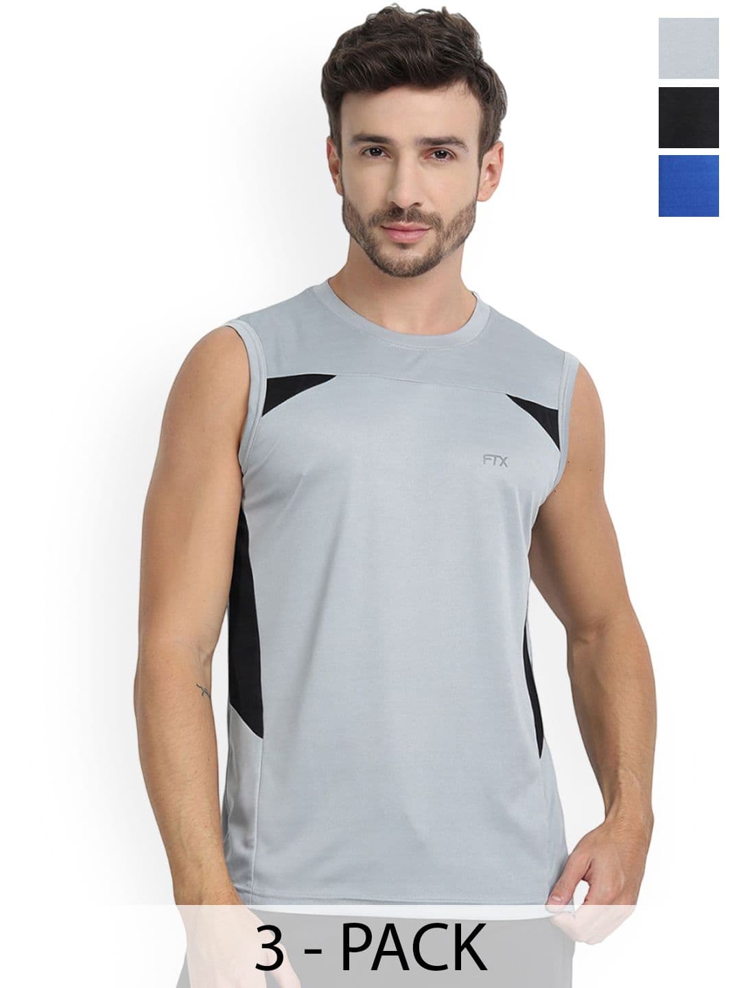 FTX Pack Of 3 Colourblocked Dry-Fit Round Neck Gym Vests 709-1_709-9_709-12-S - view 1