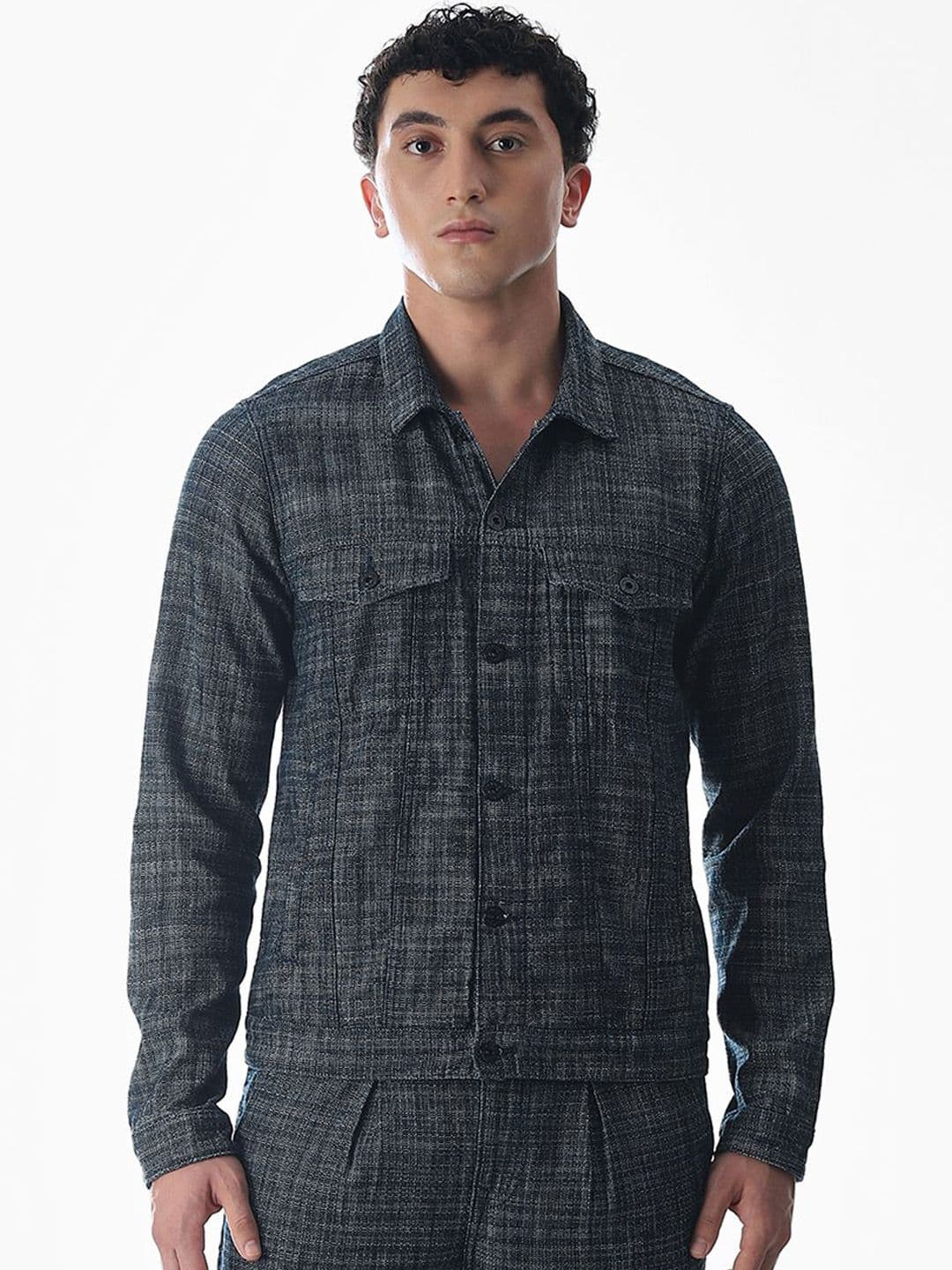 Jack & Jones Checked Shirt Collar Pure Cotton Denim Jacket - view 1