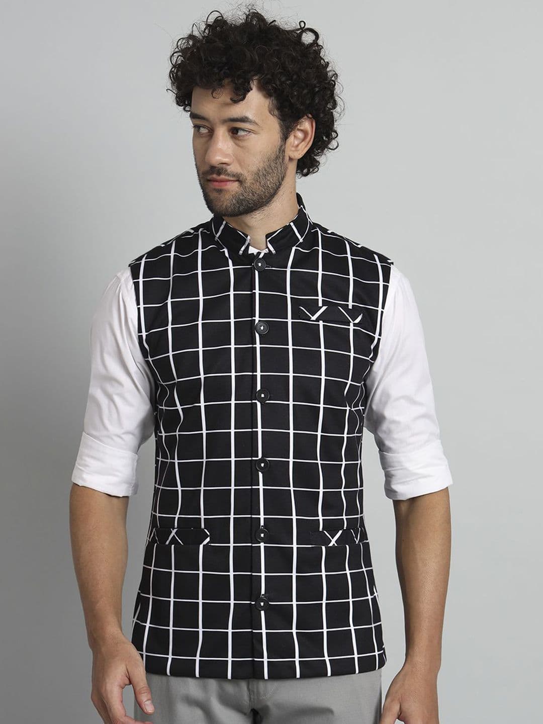 TANDUL Checked Mandarin Collar Nehru Jackets - view 1