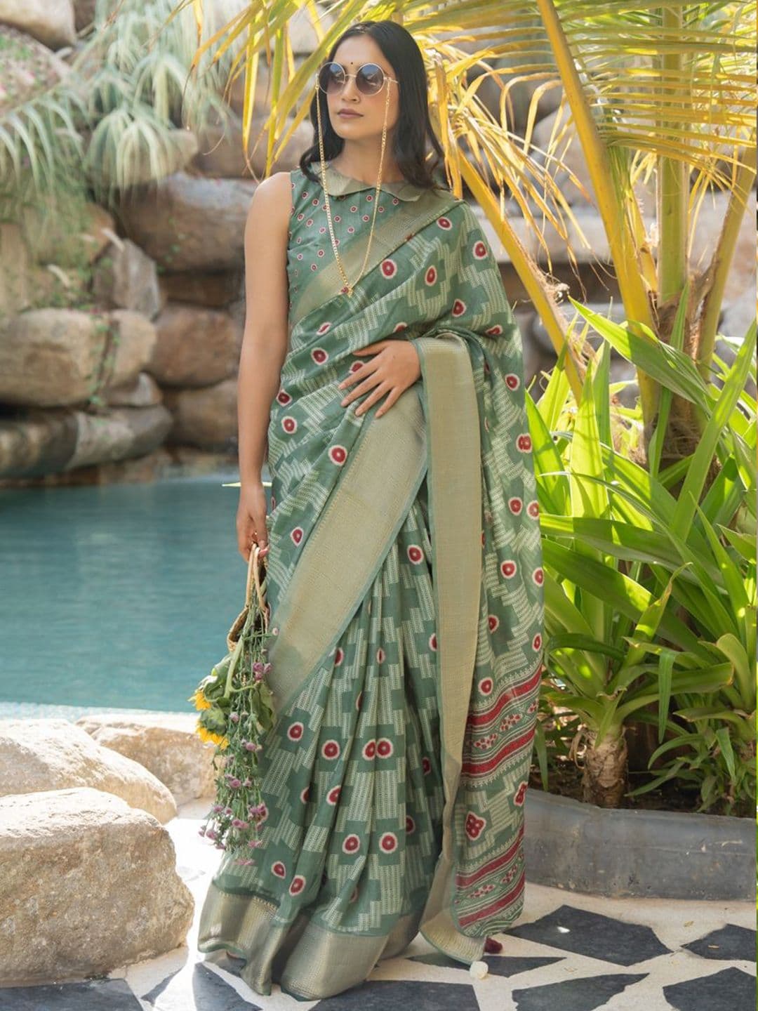 KALINI Geometric Printed Zari Border Saree with Blouse Piece - view 1