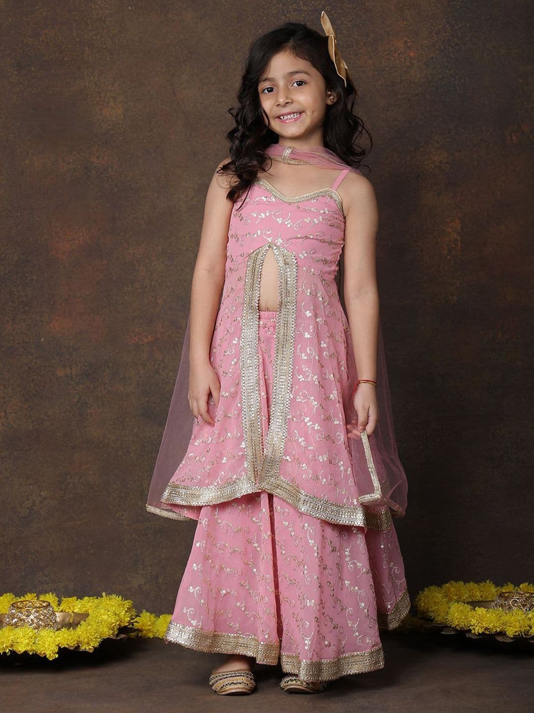 Superminis Girls Embroidered Sequinned Ready to Wear Lehenga & Blouse With Dupatta - view 1