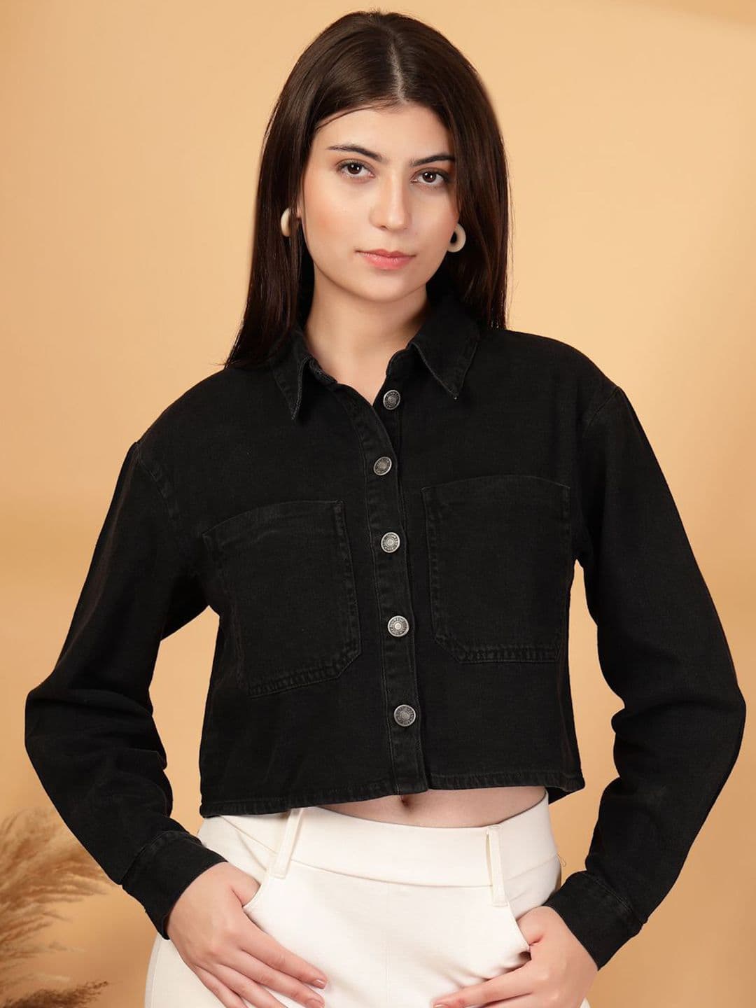COSMIC Spread Collar Crop Pure Cotton Denim Jacket - view 1