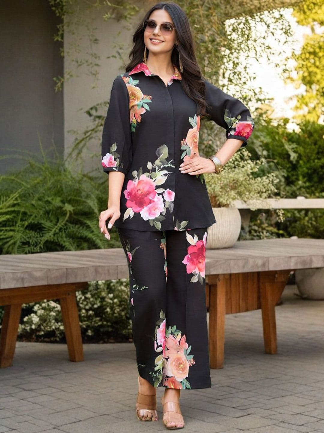 SZN Printed Collared Neck Three Fourth Sleeve Shirt With Trouser Co-Ords - view 1