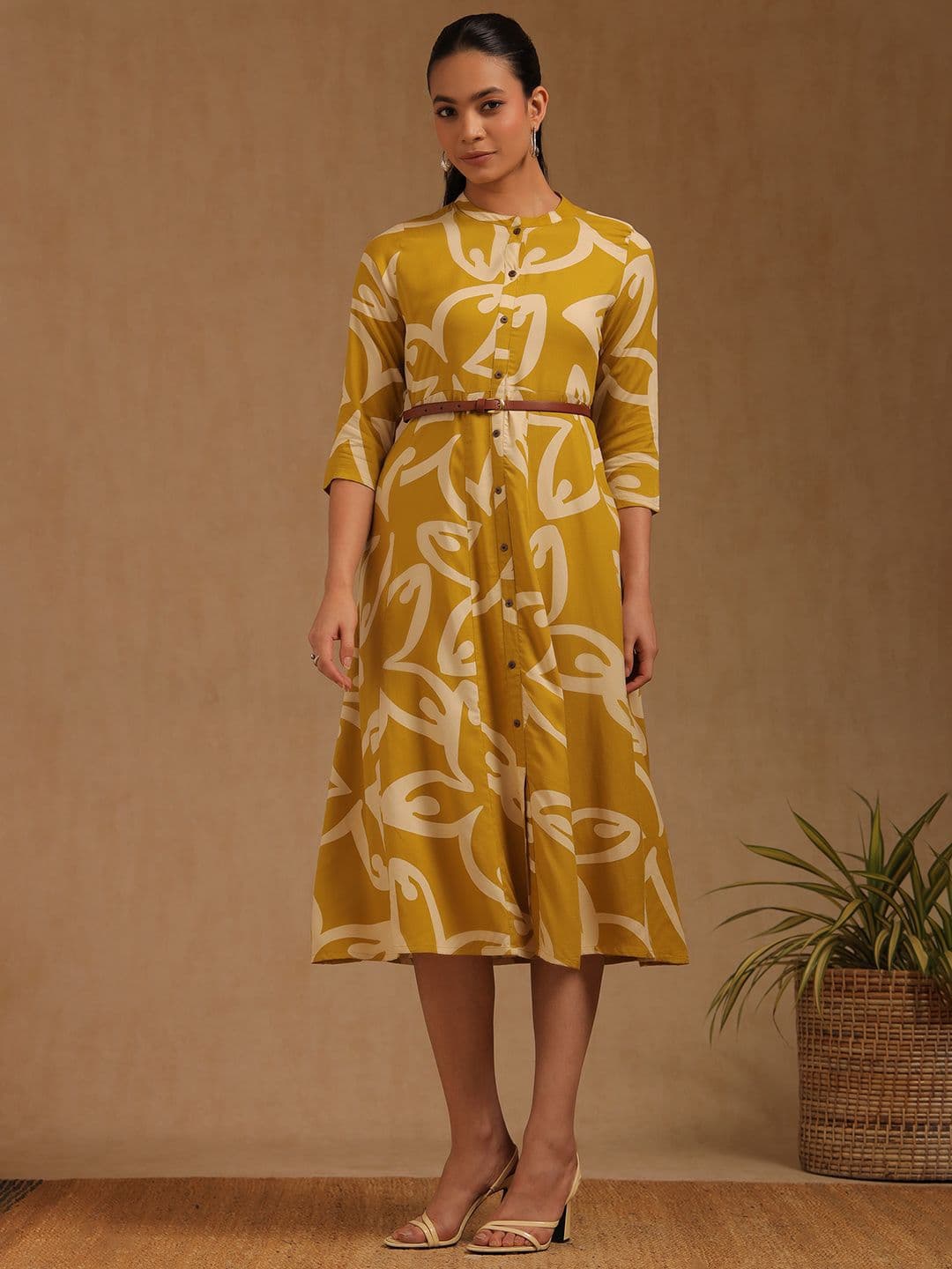 Soch Women Abstract Printed Mandarin Collar Fit & Flare Midi Dress - view 1